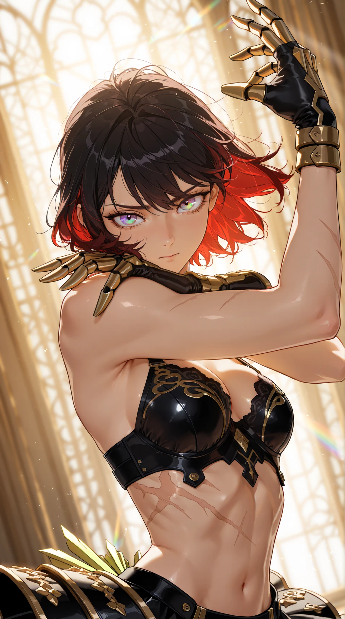 style of [Punishing Gray Raven|Inoitoh|(748cmstyle:0.48)], god rays, vivid colours, light stream, colour splotches, cinematic shot, mature, young adult, masterpiece, best quality, amazing quality, very aesthetic, high resolution, ultra-detailed, absurdres, (hands:-0.15),
(1girl, young adult, female:0.95), solo, alone,(dynamic pose, upper body focus, looking at viewer, dutch angle, three quarter view, close up, cowboy shot:1.2),jeanbartdef, black hair, (rainbow eyes:1.33), short hair, red hair, colored inner hair, stockings, push up bra, armoured skirt, scar on her stomach, metal clawed fingers, mantis blades, cyberpunk mantis blades, rainbow saber, expressionless, disgusted expression, constricted pupils, webtoon, manwha,
BREAK, depth of field, volumetric lighting, Celtic architecture
 