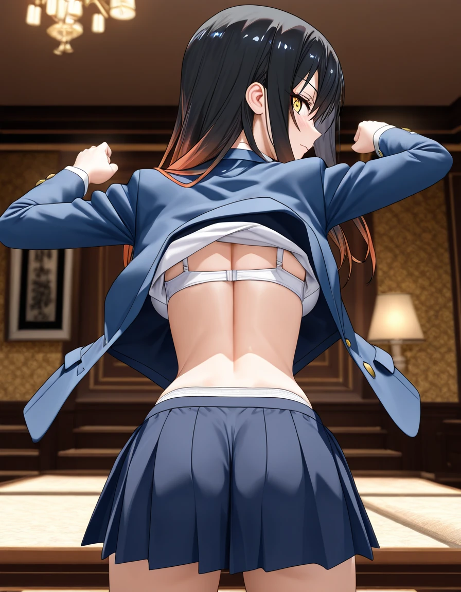 high resolution, best quality,1 girls, baby face, beautiful hair,(medium breasts), slender, detailed eyes, beautiful legs, slim-legs,shiny skin, blush,great joy,(detailed cheerleader costume), mini skirt,(detailed panties),athletics stadium,(dynamic pose), scrunchie,(focus on ass:1.2),