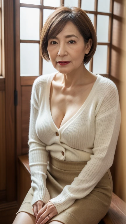 High resolution, High resolution, Attention to detail, masterpiece,(loose body), Anatomically correct, sharp, ((Japanese Mature)),(80 years old:1.3),((Facial wrinkles)), Shapely breasts,Fair skin, Black Hair,(Long Hair), bangs,(((Stand upright, facing the center.))),Look at the photographer, Looking Ahead,(Knitted blouse:1.4),(Tight Skirt:1.3),(Sitting),(Thighs:1.4),Inside the warehouse,(Serious expression),(old woman:1.1),Mature cabin attendant