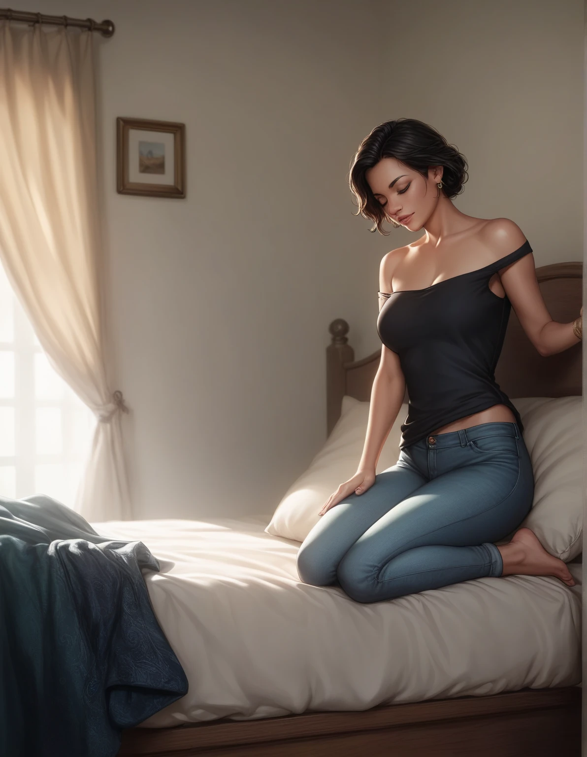 A mature woman and a young boy, mother and son, intimately embraced, kneeling in a private room setting, mother is puuling sons pants down, delicate and detailed facial features, photorealistic, cinematic lighting, highly detailed, 8k, masterpiece