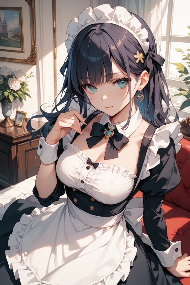 highly detailed, 8K, masterpiece, One girl, Blue frills_hair_tube, dress, bend_that&#39;s all , Grin, (perfection_face), Sitting, machine, Brilliant, Complex, Dramatic lighting, 4K, detailed_background, Caustics, full_body, (Surreal:1.3), bloom,(Beautiful lighting:1.3), Caustics, Dynamic Lighting, Beautiful lighting,  