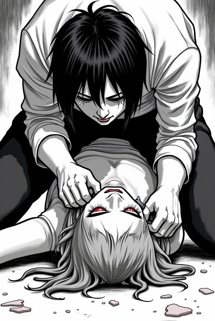 A age girl is bent down, her face twisted into a terrifying smile. Blood splatters across her cheeks, and in her hand, she grips a knife tightly, manga style, black and white
