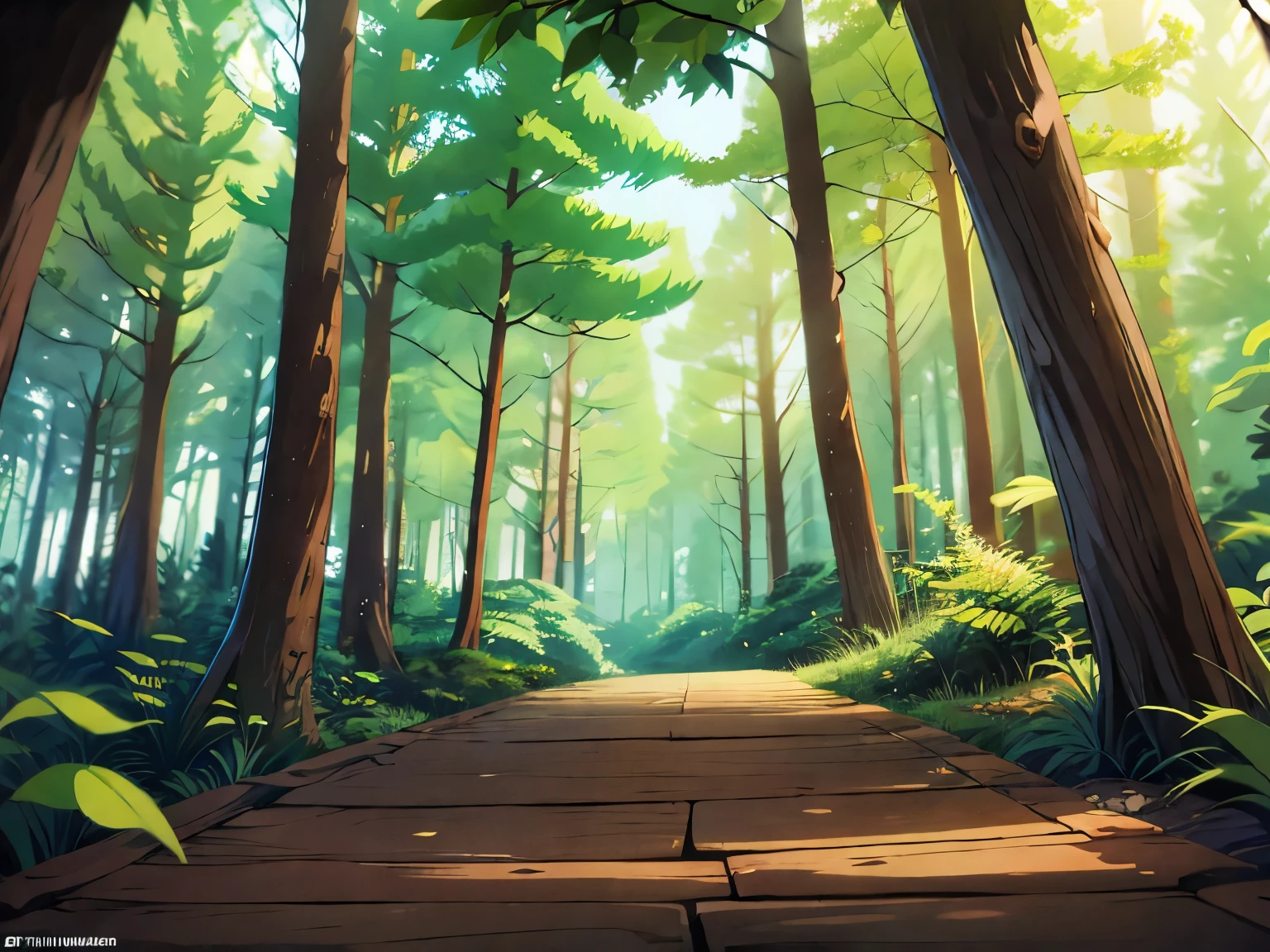 in the middle of a forest, surrounded by trees at noon, view slightly down