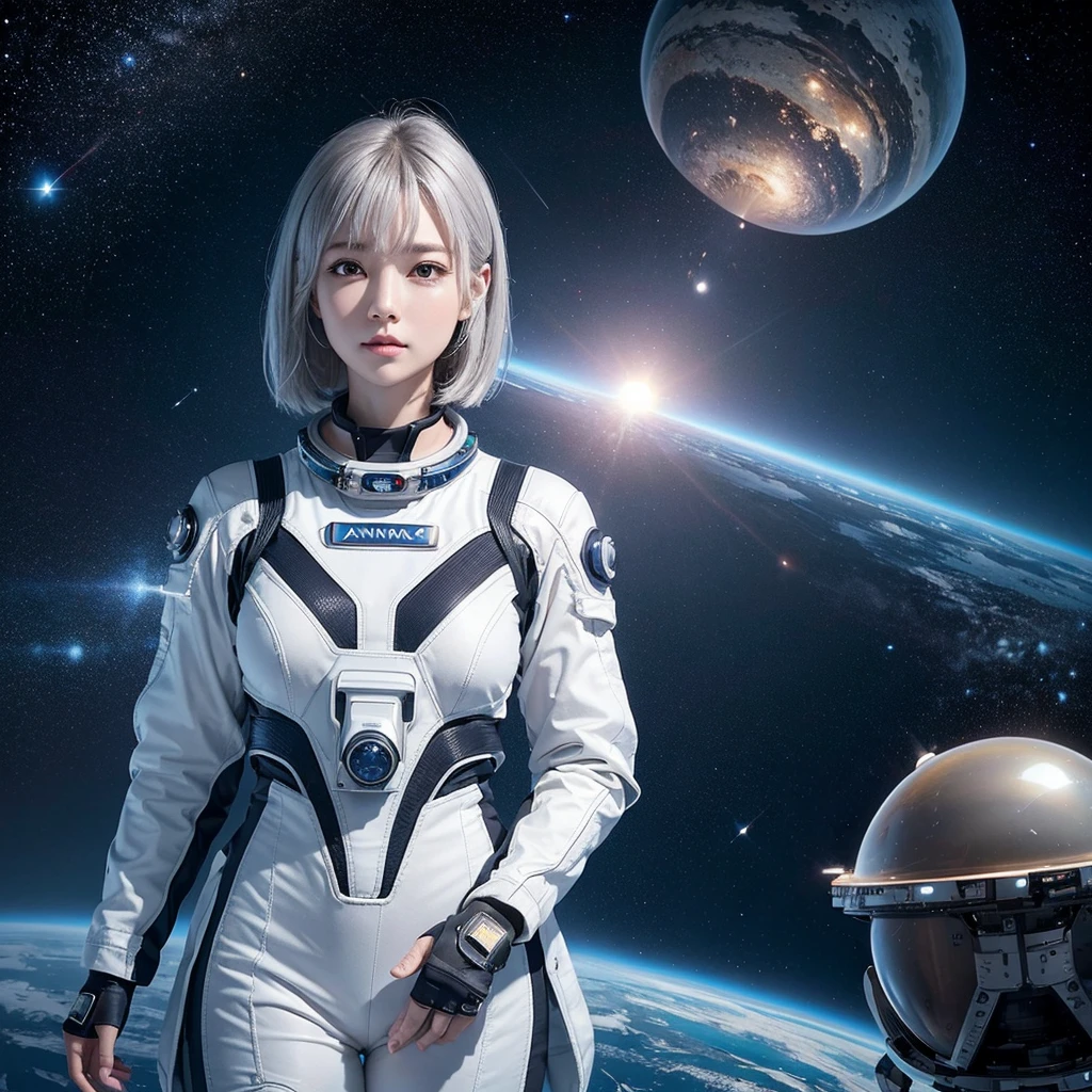 (best quality, masterpiece), 1girl, pose, particle, wind, flower, upper body, simple background, looking at viewer, blonde, galaxy, space suit,