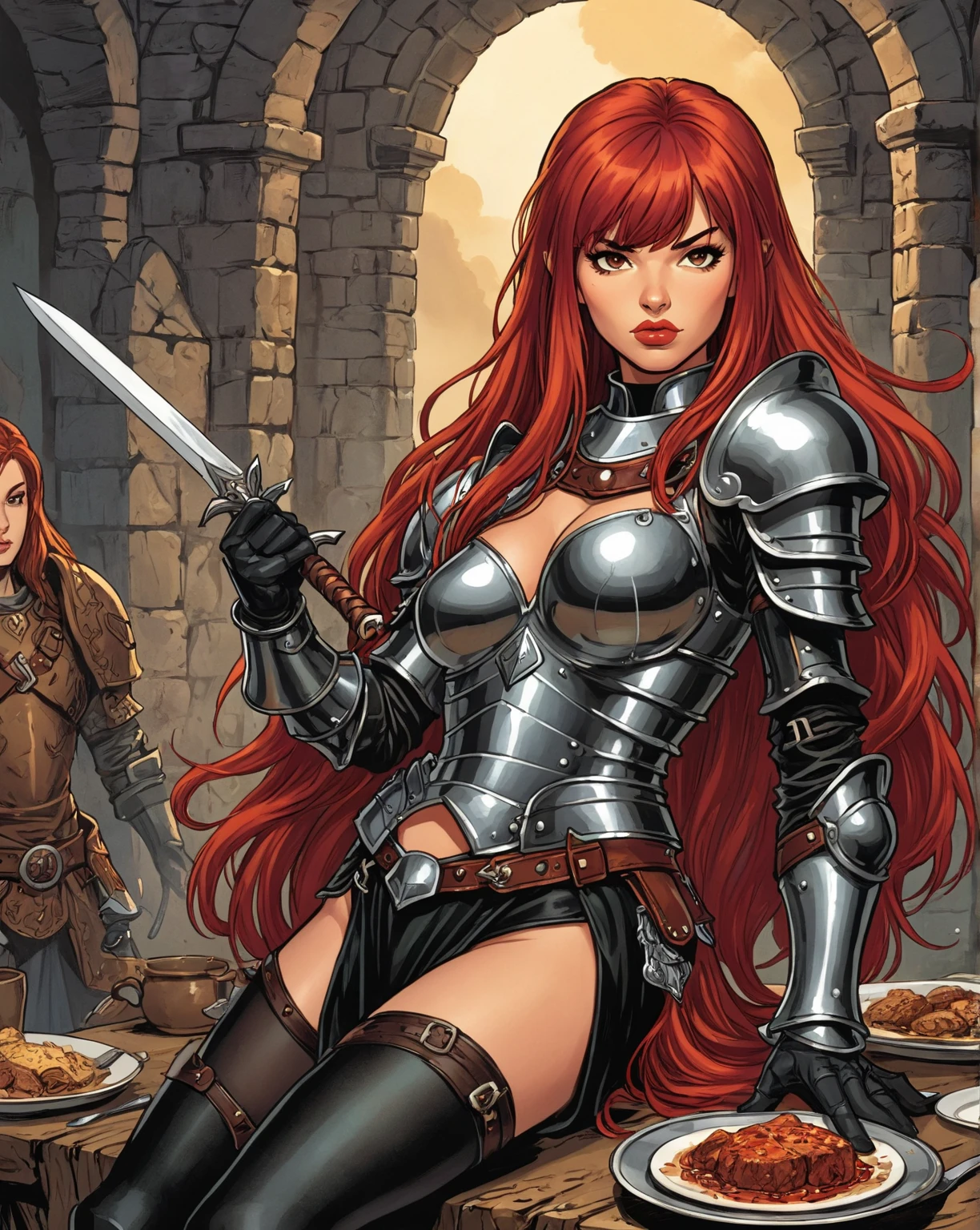 2girls, female barbarians, leather armour, blonde hair, red hair, full body shot, lesbian, romance, clyde caldwell