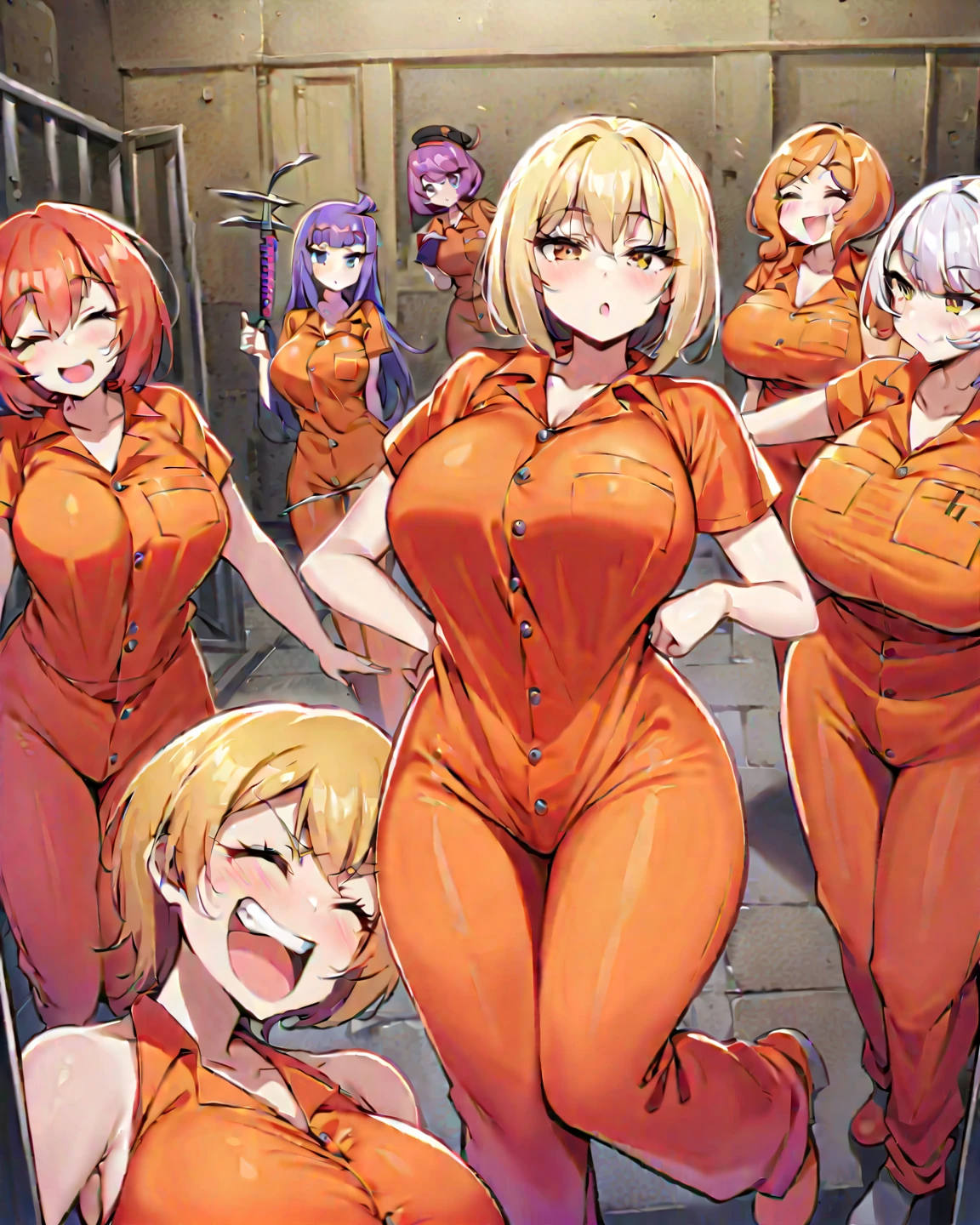 masterpiece,best quality,highly detailed 6+girls,monster girls in orange prison uniforms,sexy monster girls in prison, hybrid monster girls in prison wearing orange prison uniforms, female monster girls,full body,wearing an orange prison uniform, standing in the rec room,indoors,(((many monster girls around in background))),