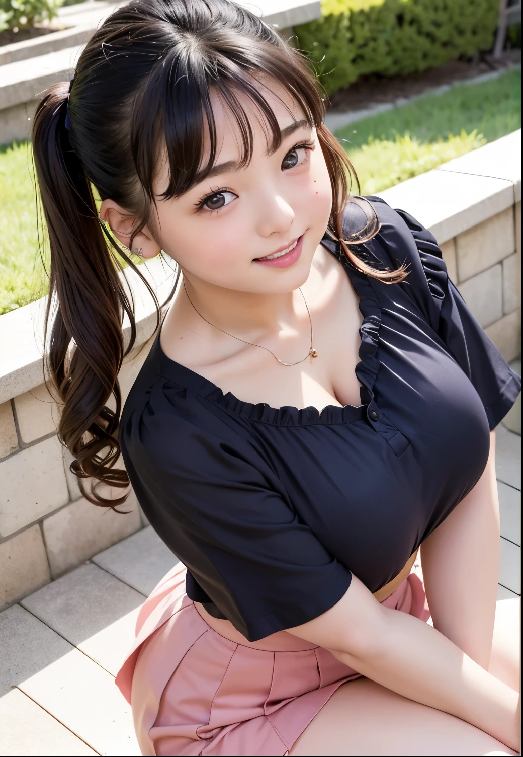 ( Best Quality ,masterpiece:1.3, super high image quality),( very well detailed、 caustics ) ( realistic:1.4, RAW shooting、)Ultra- realistic Capture、 very well detailed、 natural skin texture 、masterpiece、(Japanese elementary school students wearing blouses and high-waisted flared skirts:1.3)、 adorable expression、Expressions of Happiness、、: 、baby face、pure、 amazingly cute、 twin tail hairstyle 、curly hair、scrunchie 、 black hair、 Big Breasts、Photo taken in a private garden 、smile、 An inviting gaze 、( anatomically correct)、 attention to detail、 full body shot、