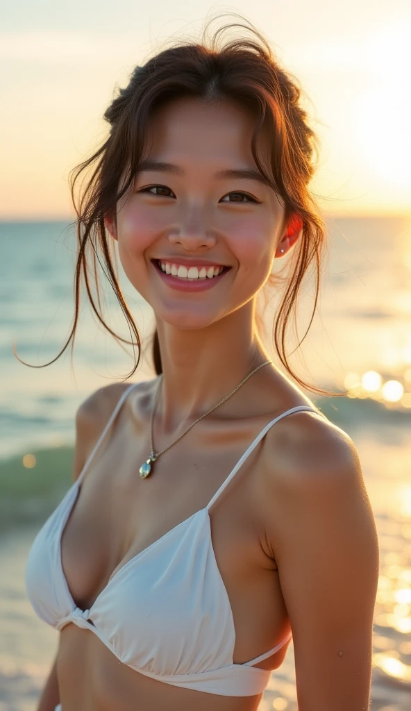 SeaArt ,Upper body is captured, SeaArt , 1cute girl, portrait, bokeh, ( masterpiece), accurate, anatomically correct, f/1.8, 90mm, Fujifilm GFX 50R, raw photo, regina display, super detail, high details, high quality, best quality, highres, UHD, 1080p HD, 4K, 8K, (((13years old 1girl))), Realism, ((Face and body the full front)), (standing), ((small breasts)), (ochre bikini), medium Hair, beautiful white skin, young features, beautiful pussy, soothing tones, high contrast, natural skin texture, of Sweden, Northern Lights Sky, (shy smile),