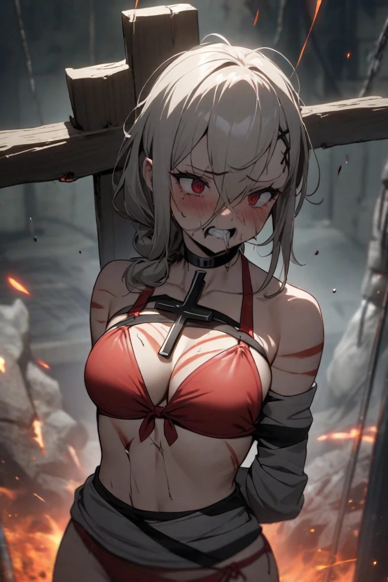 masterpiece, best quality, AliceKV4, 1girl, solo, looking at viewer, smile, anime coloring,((((upper body)))), (blushed, healthy skin), authority, (((bra))), blood on face, breasts, sadistic girl, bare shoulders, sleeveless, (constricted pupils), ((waitress, blood)), ((bdsm)), white hair, detailed eyes