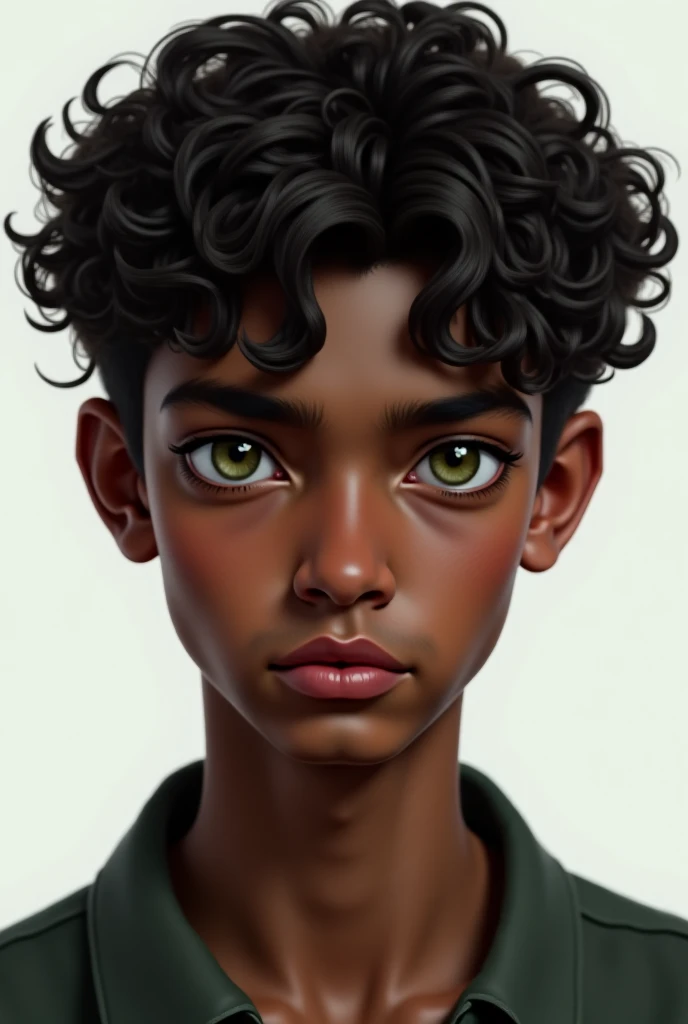 ((best qualityer)) 1 dark-skinned boy, short wavy hair, brown dark eyes, green sweatshirt and jeans in a setting reminiscent of a classroom 