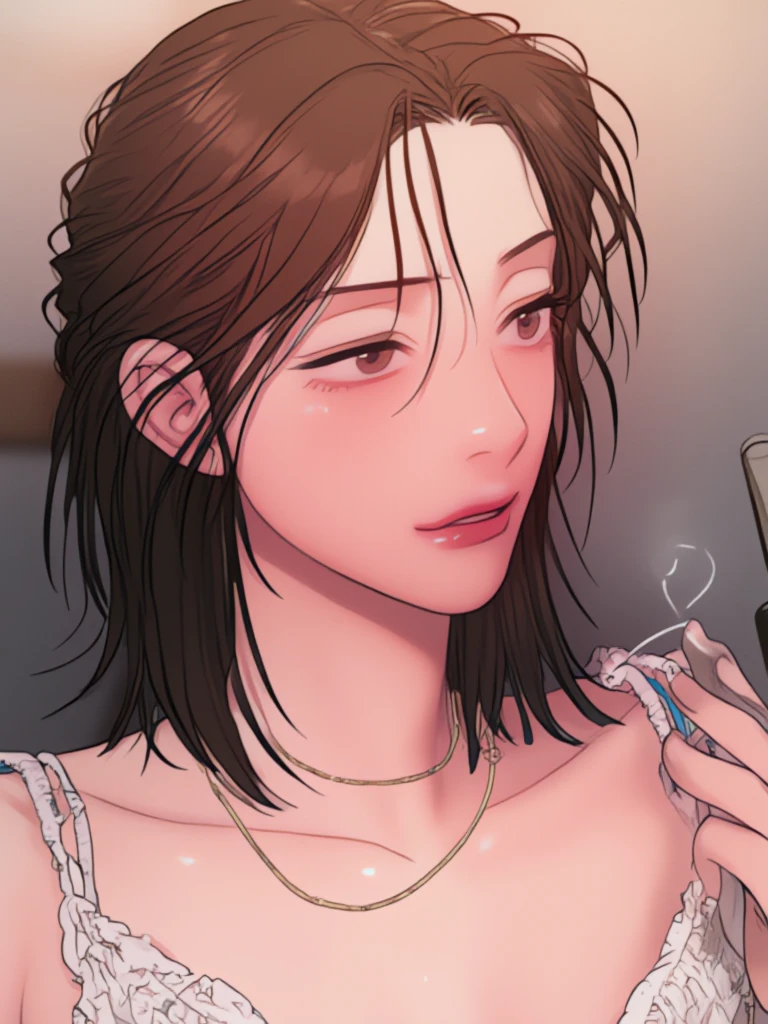 A woman with short black hair and pink-red eyes........ Long hair She walked out the door with a sleepy expression on her face........Wear a long T-shirt and black shorts........ Slim profile, Fair-skinned, large boobs, Slightly blushing........,
