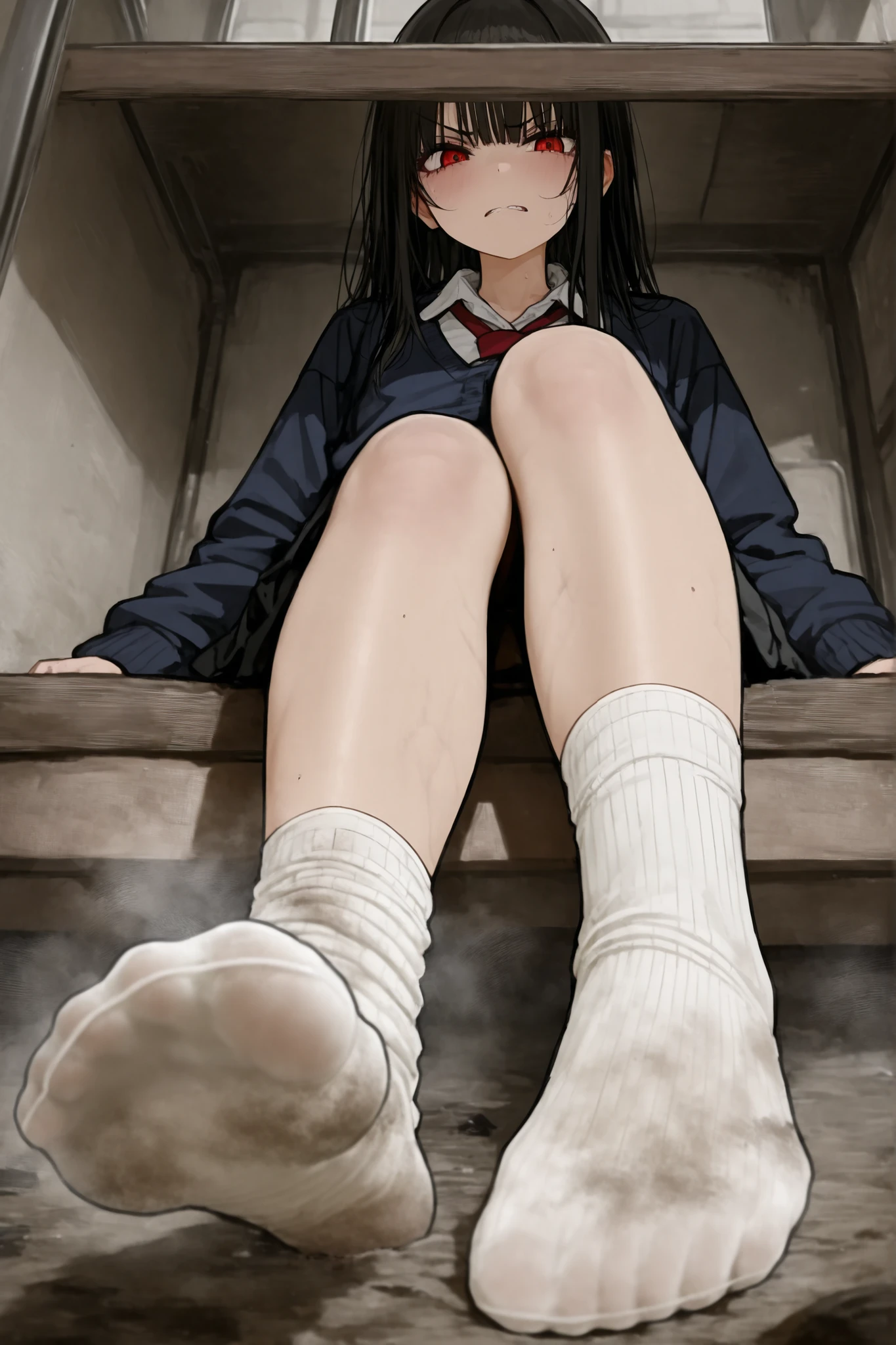 angry girl from a unique perspective: the view from underneath her filthy, worn-out ankle socks. Emphasize the texture and condition of the soles of each sock, highlighting their sweatiness, stains, and dirt accumulation. Capture the emotions conveyed through her body language and the surrounding environment that might contribute to her anger. Include sensory details to enhance the imagery, such as the smell of the socks, the feel of the fabric.