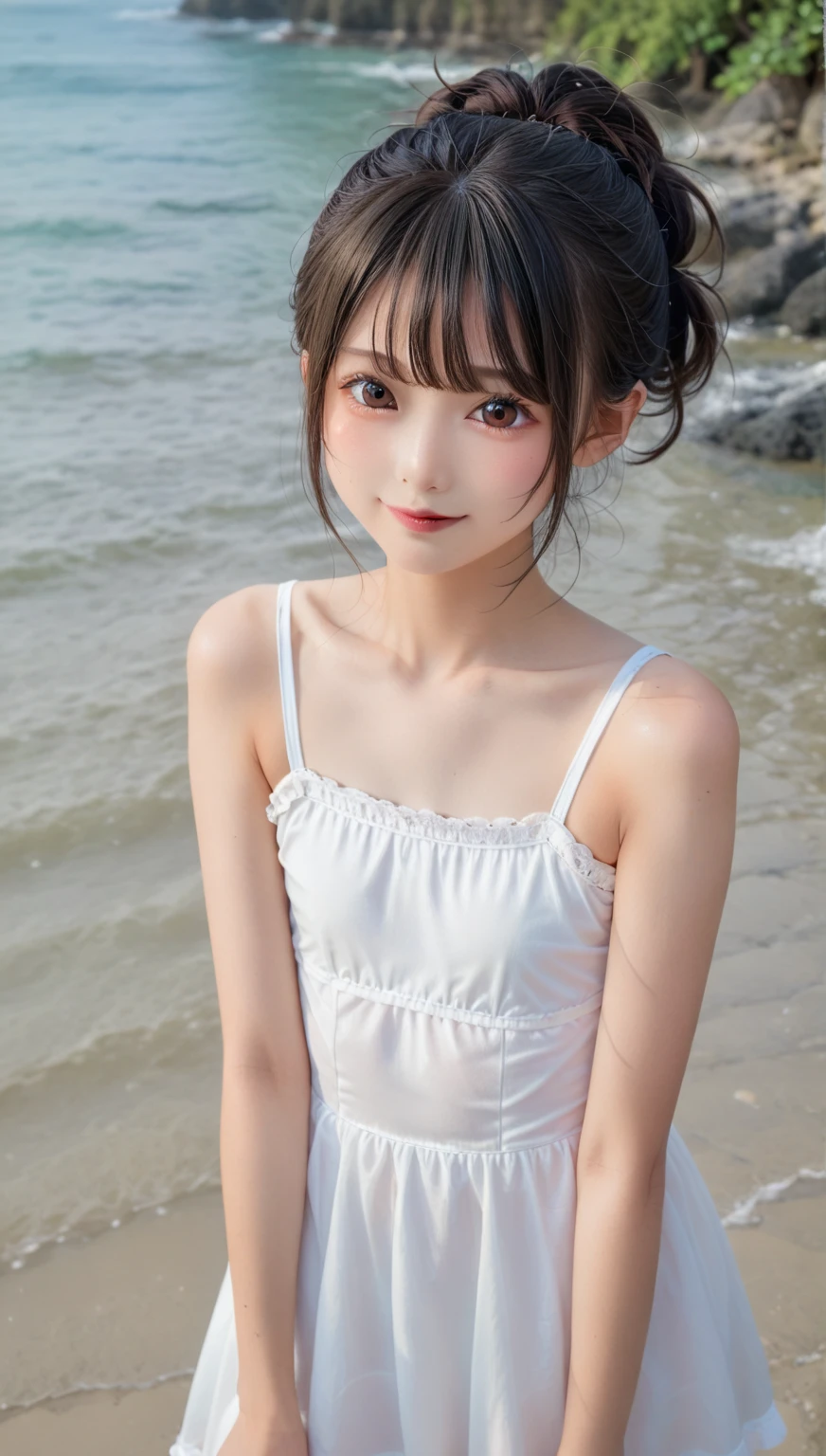 ((sfw: 1.4)), ((sfw, bandeau top, beach, bony body, extra short hair, sidelocks-hair, smile, 1 girl)), ultra high resolution, (real: 1.4), RAW photo, highest quality, (photorealistic), focus ,Soft light,((15 years old)),((Japanese)),(((Young face))),(Surface),(Depth of field),Masterpiece,(Photoreal),Woman,Bangs,( (1 girl)