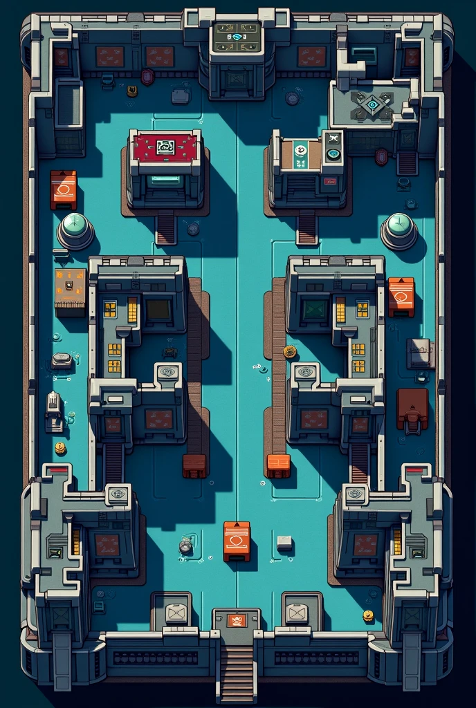 Create a single image that fully shows a map of the first level of a video game to be made in Tiled in 2D with the following requirements : Level 1 - Command Bridge (Command and Control)
Location: The top of the ship.
characteristics :
Control Consoles, Holographic Screens, Large windows.
danger: Turbine fans in side corridors.
Awards: Adrenaline Injector (down), Remote Hacking (epic).
connection: An elevator and stairs to Level 2.