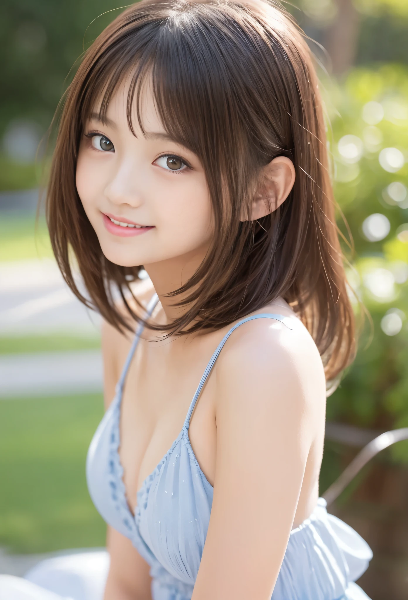 (highest quality:1.5)、(Realistic:1.5)、(1 person:1.5)、(Upper Body:1.5)、Very detailed、High resolution、8k wallpaper、、Small breasts、Natural color lips、Cute Smile、Japanese women、20-year-old girl、Beautiful and elegant face、Perfect and beautiful face、Big eyes、Brunette eyes、Beautiful and elegant face、Natural double eyelids、Natural Bangs、Beautiful thin nose、Beautiful Skin、Chestnut Hair、Medium Bob Hair、Short Hair、Natural Bangs、Perfect and beautiful face、Slim face and figure、(Looking at the camera with a cute expression)、Bright lighting、Professional Lighting、Forward lighting、Cute Smile、Summer blue sky、Grass park on the mountain、Look at the viewers、Low-angle composition、(Staring at the camera with a cute expression)、Bright lighting、Professional Lighting、Forward lighting、Cute Smile、Beautiful clavicle、Beautiful feet:1.2、Smooth Skin、Sweet girl dress、Sit on the grass、Sit down、Leaning forward、Shots from low angles、Sweet girl dresini skirt