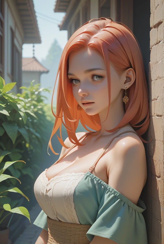 young girl with light blue eyes, dirty red-orange hair flowing down her back, in a torn and dirty sleeveless short white dress, metallic red tattoo, in a small medieval village