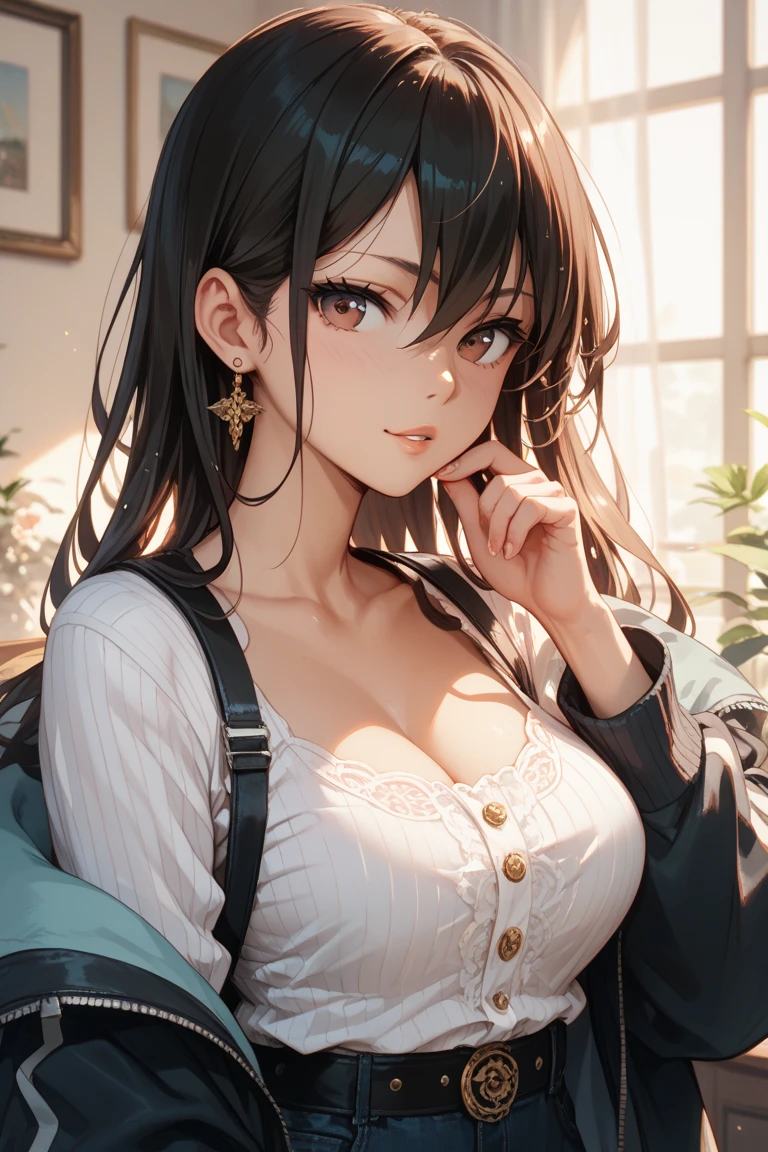 (masterpiece), (best quality), photorealistic, RAW photo, 1girl, sexy, cleavage, white shirt, sitting, in the garden, drinking tea