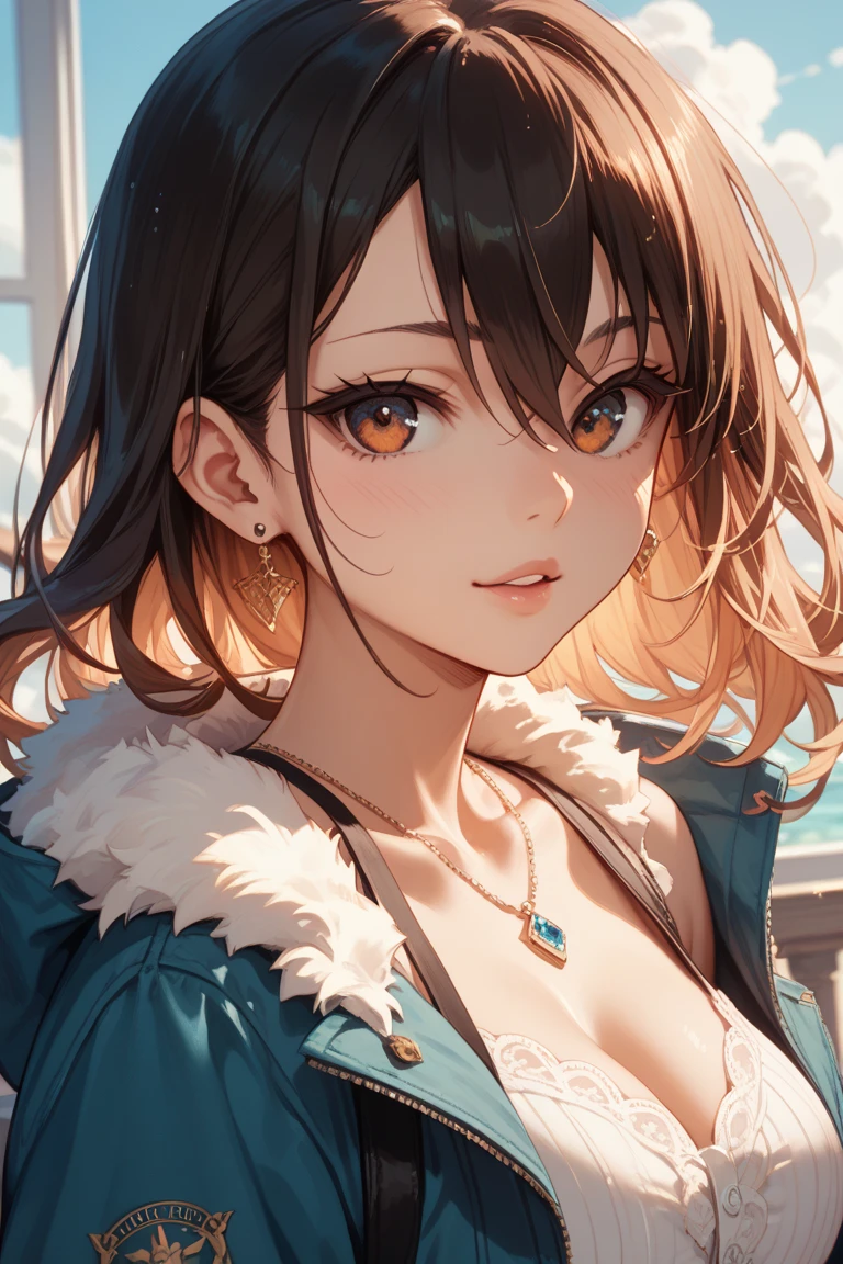 ((long light brown hair:1.8, wavy hair, hair above one eye:1.6, asymmetrical hair)), (shining blue eyes)beautiful, beautiful woman, perfect anatomy, perfect body, perfect breasts, ((kimono:1.8, choker:1.6)), (japanese zen garden:1.6, torii, Snow-covered ground), captivating gaze, slight smile, realism, masterpiece, rough skin , Super detailed, high detail, high quality, 最high quality, 1080p, 16k 