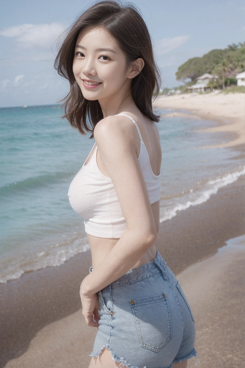 ((Exposing shoulders)), ((Ample breasts)), ((The skirt is short)), ((Sexy Legs)), ((whole body)),practical, Stylish girl,1girl,sexy pose,best quality,masterpiece,illustration,an extremely delicate and beautiful,CG,unity,8k wallpaper,Amazing,finely detail,masterpiece,official art,extremely detailed CG unity 8k wallpaper,incredibly absurdres,huge filesize,ultra-detailed,highres,extremely detailed,beautiful detailed girl,realistic,outdoors,light contrast,(White tee shirt、Shorts,、Red lipstick、Looking from below、smile、(Ocean、Ocean岸で歩いている)、Short Hair、On the boat、