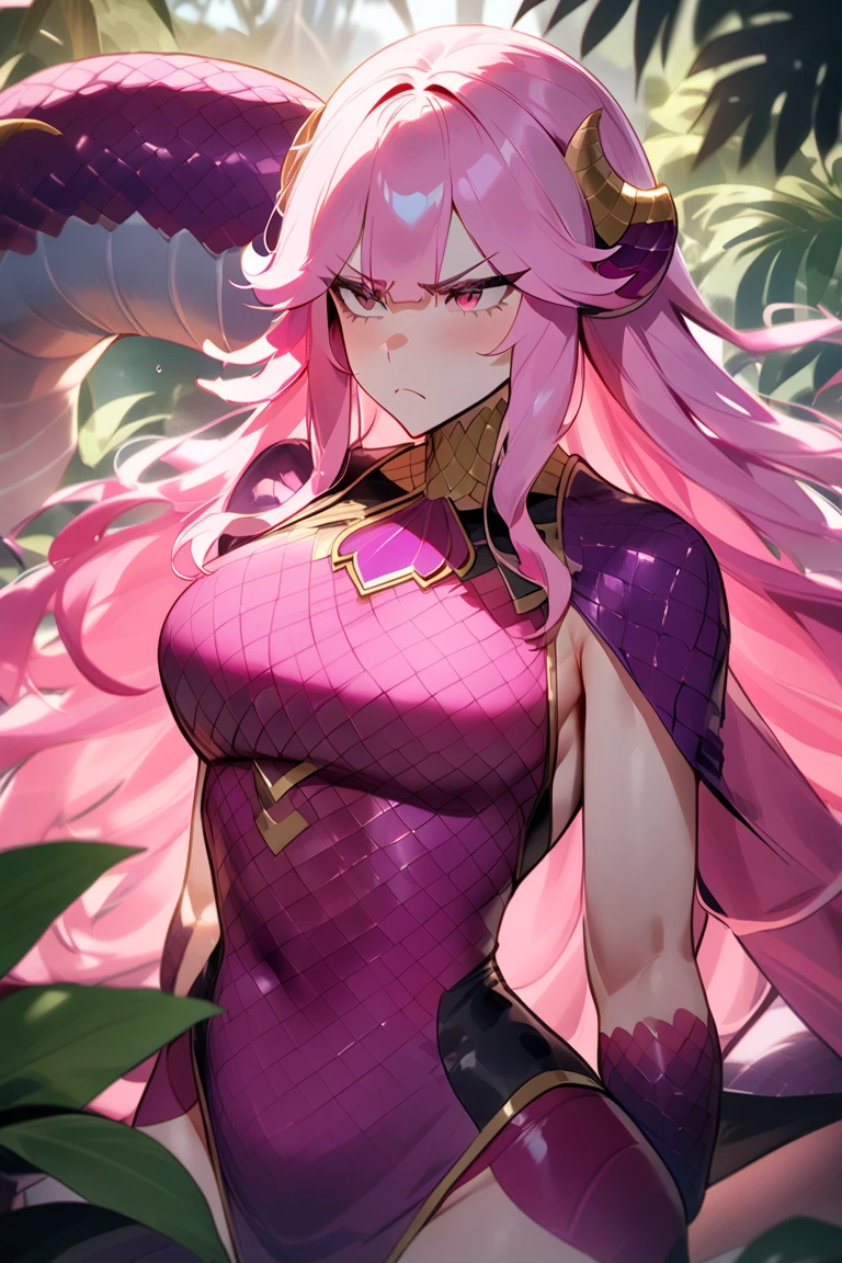 <lora:Gorgon-10:1>, MedGorg, 1girl, solo, long hair, large breasts, navel, cleavage, bare shoulders, very long hair, purple hair, thighs, parted lips, lips, fingernails, parted bangs, clothing cutout, mask, cleavage cutout, monster girl, red background, claws, pelvic curtain, snake, blindfold, scales, hip vent, bustier, snake hair, <lora:CuteSexyRobutts [MockAi - v1.0]:1.2> csr,paintlerly style,vibrant colors,sketchy lineart