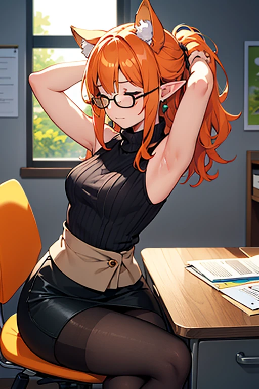 there is a woman sitting in a chair with a laptop, wearing a strict black business suit, sitting on a desk, in strict suit, on a desk, in a strict suit, japanese goddess, thighhighs and skirt, sat at her desk, sitting on a table, sitting at desk, wearing business suit, elegant legs, seductively looking in front, crossed legs, sakura futaba, orange hair, blunt bangs, purple eyes, violet eyes, glasses, white button up shirt, headphones, thicc, green jacket, thick thighs