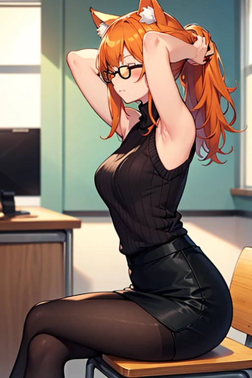 1 girl, masterpiece, best quality, highres, ro1, Misty from pokemon, green eyes, half-closed eyes, spectacles), a come-hither face, smirk , parted lips, nose blush, blush, facing viewer, looking at viewer, solo, business suits, business jacket, black jacket, white y-shirts(buttons), pleats skirt, black leather skirt, black leather thighhighs, in the classroom, night time, sitting, sitting on desk, spread legs, black silk panties, come-on, lure, Sexy waist teasing, , from_below , full body, soft breasts, breasts exposed, unbuttoned shirt, belly exposed