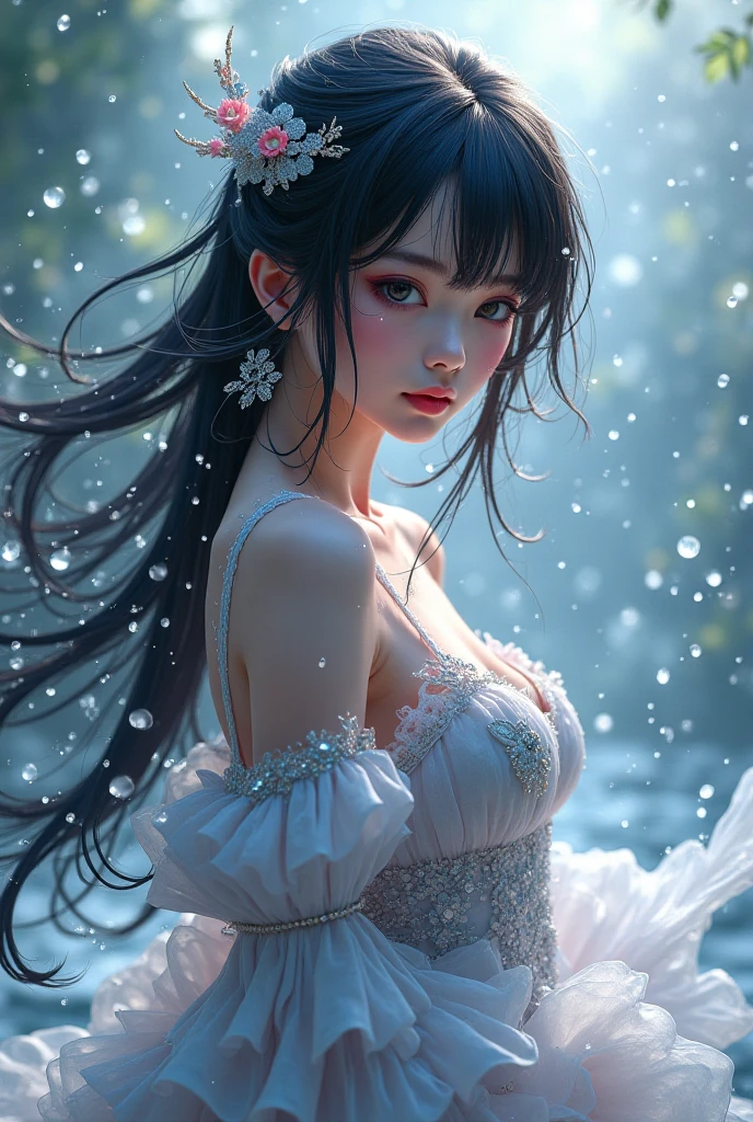 Top Quality, Realistic, Jet Black Background, High Resolution, Soft Focus, (Snowfall: 1.5), (Hazy: 1.5), (In the Deep Forest), (Snowfalling), ((Snow Light)), (Snow Storm)), (Snow Storm)))), (Ghost of a beautiful snow woman with jet-black long black hair in a white silver yukata: 1.8), (((Lower body is transparent: 1.5)))), anger, rage, melancholy, shaking black hair, hair luster, Luminous skin, beautiful and beautiful, bewitching, (((losing yourself in anger and forgetting the cold)), ((arms spread forward)), (monochrome: 1.5), (black and white: 1.5), (glaring platinum eyes), whiteout, white and white and white, transparent lower body, whole body