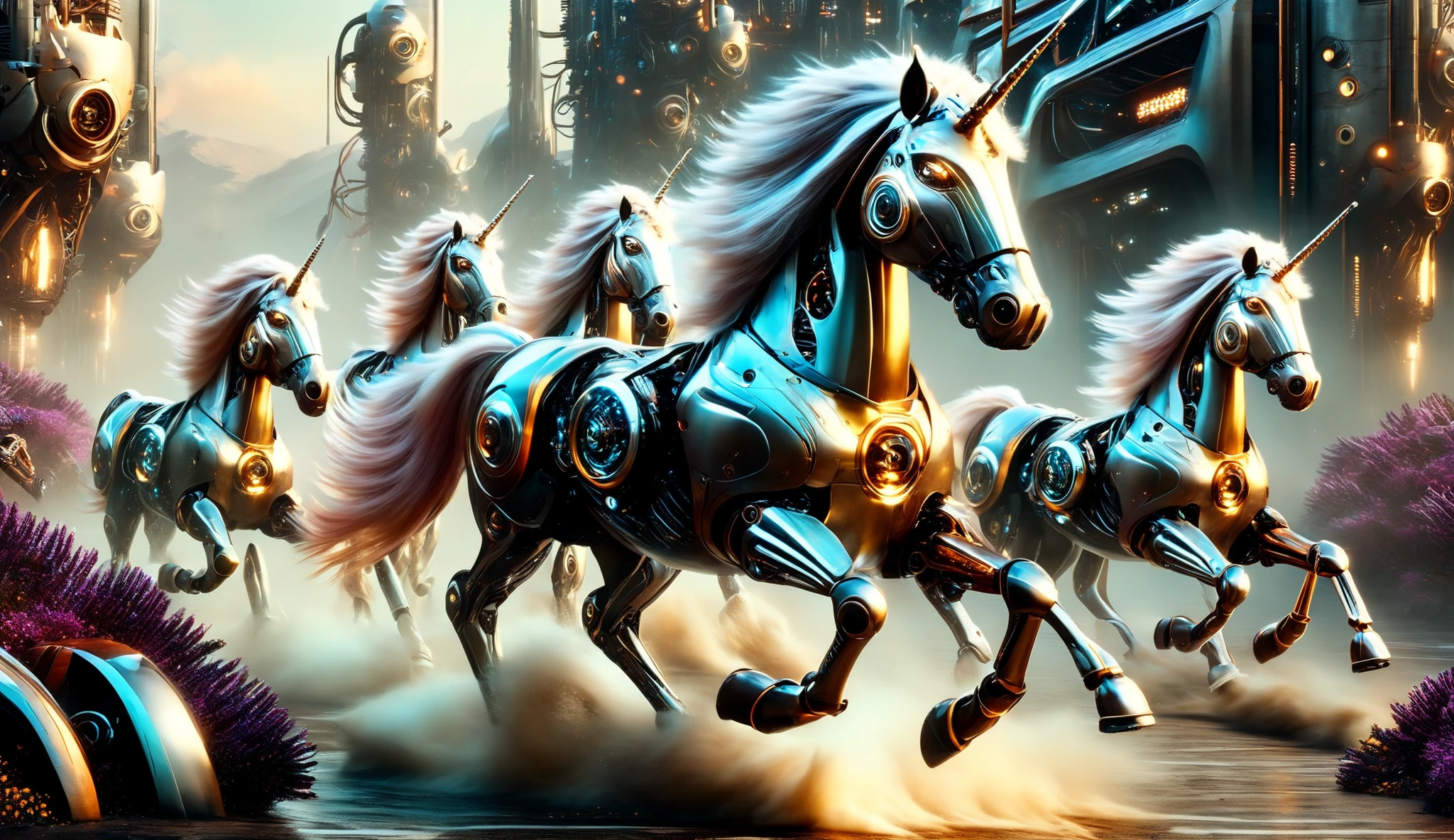 A herd of robotic unicorns galloping through a futuristic landscape.