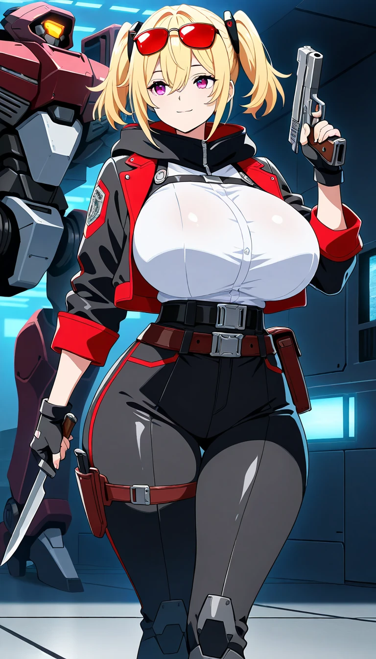 cyberpunk, very wide hips, thick thighs, high heels, pasties, tanned, soldier girl, huge chest, thin waist, tight stockings, Bob Haircut, angry look, moan