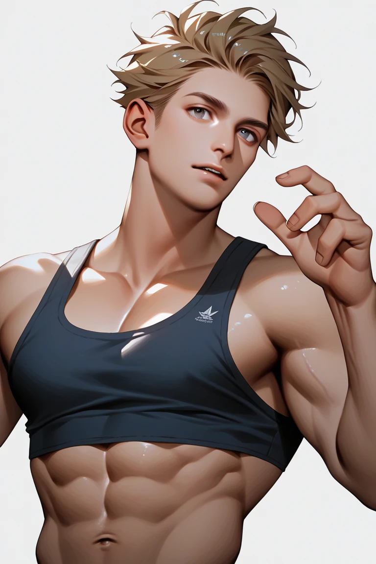 1 male, high resolution 8k, young, handsome, perfect face detail, detailed eyes and face, clean shaved, sixpack realistic, white eyebrow hair, white eyelashes, dynamic lighting, unreal engine, hd picture, satoru gojo, Jujutsu kaisen, white hair, short hair ,hair between eyes ,blue eyes, white skin, singlet