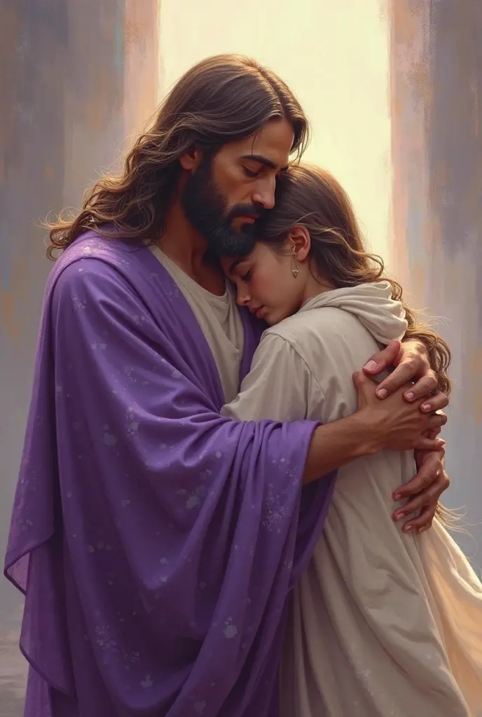 Jesus is holding a  and hugging him with a sad face, Jesus hugging a woman, beautiful illustration, Jesus christ, Emotionales Bild, beautiful masterpiece, ! in der Hand haltend !, absolut herausragendes Bild, emotionale Konzeptkunst, very beautiful masterpiece, Jesus, most beautiful picture of all time, by László Balogh, Christliche Kunst, Vater, mit Kind