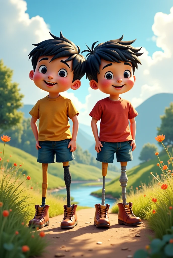 Make a picture of two friends. The first boy is standing. He is 7 years old and has messy black hair and brown eyes.. the second boy is sitting in a wheelchair, he has red hair and is also 7 years old. An illustration should convey the message of equal and different and should be brightly colored and vibrant to celebrate diversity.