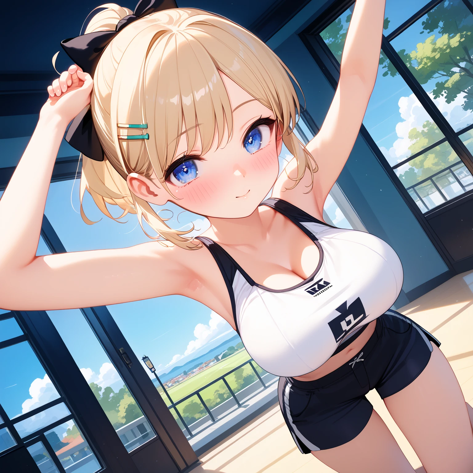 masterpiece,16k,8k,Delicate expression,highest quality,high resolution,High resolution,Sweat,1girl, paw pose,look up,look at viewer, seductive smile, sweat stains, training wear