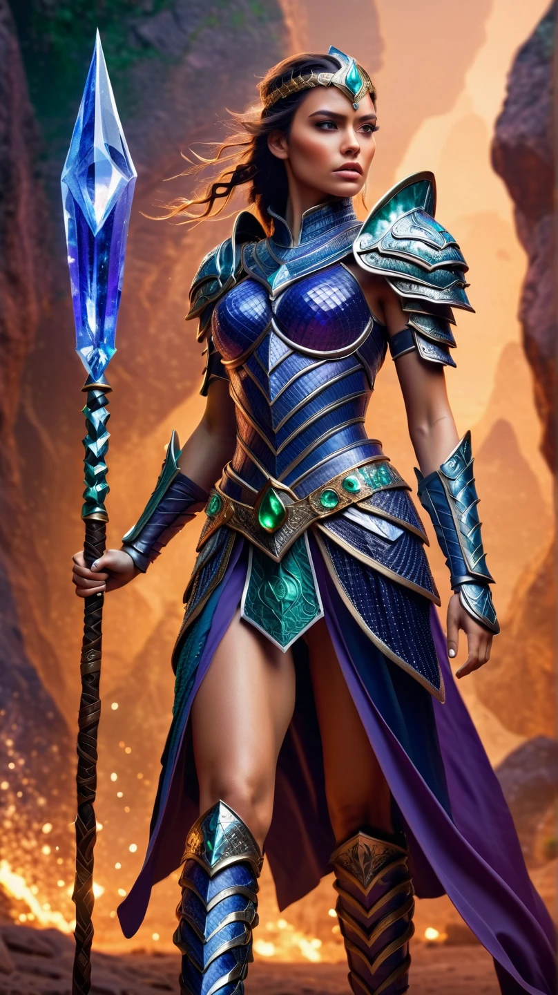half man, half blue dragon, with a black robe and crystals on her body, holding a staff