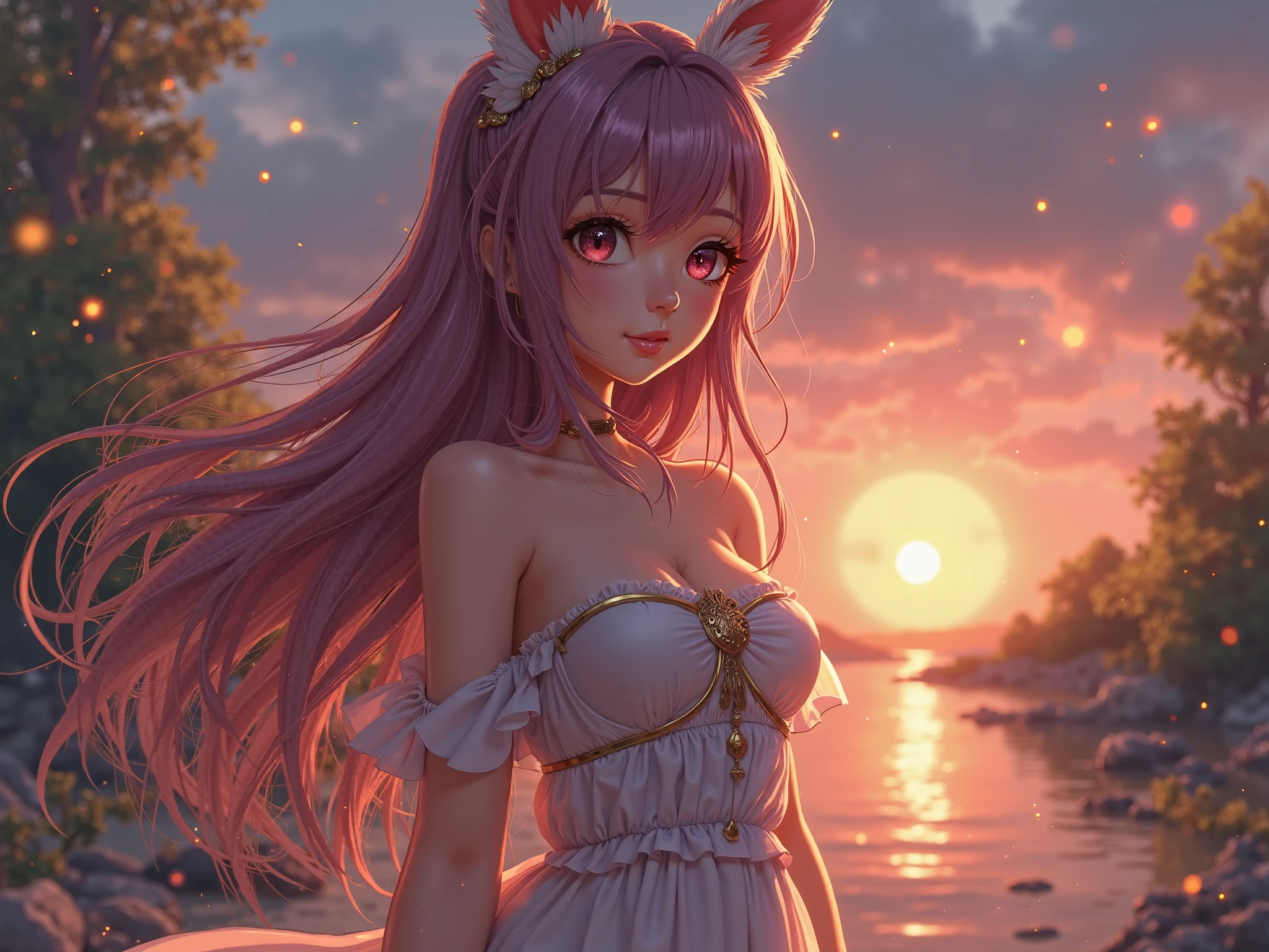 sensual gorgeous Fursona girl sitting down, colorful vivid, expresive beautiful eyes, with the sun setting in the background. Roxy Paine Loish , Anne Bachelier portrait style,intricate, highly detailed
