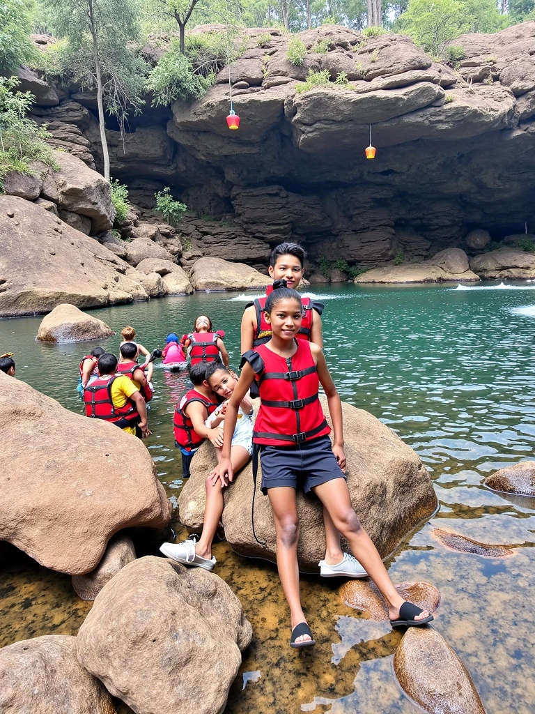 There are two people and a child in the water, em um rio na selva, Postagem no Reddit, em uma caverna com a cachoeira, divertindo-se, facebook post, in the water, banho em cachoeira, in water! down to the shoulders, 4 k post, Postagem 4k, caverna escondida das fontes termais, em um ambiente de selva, incredible depth