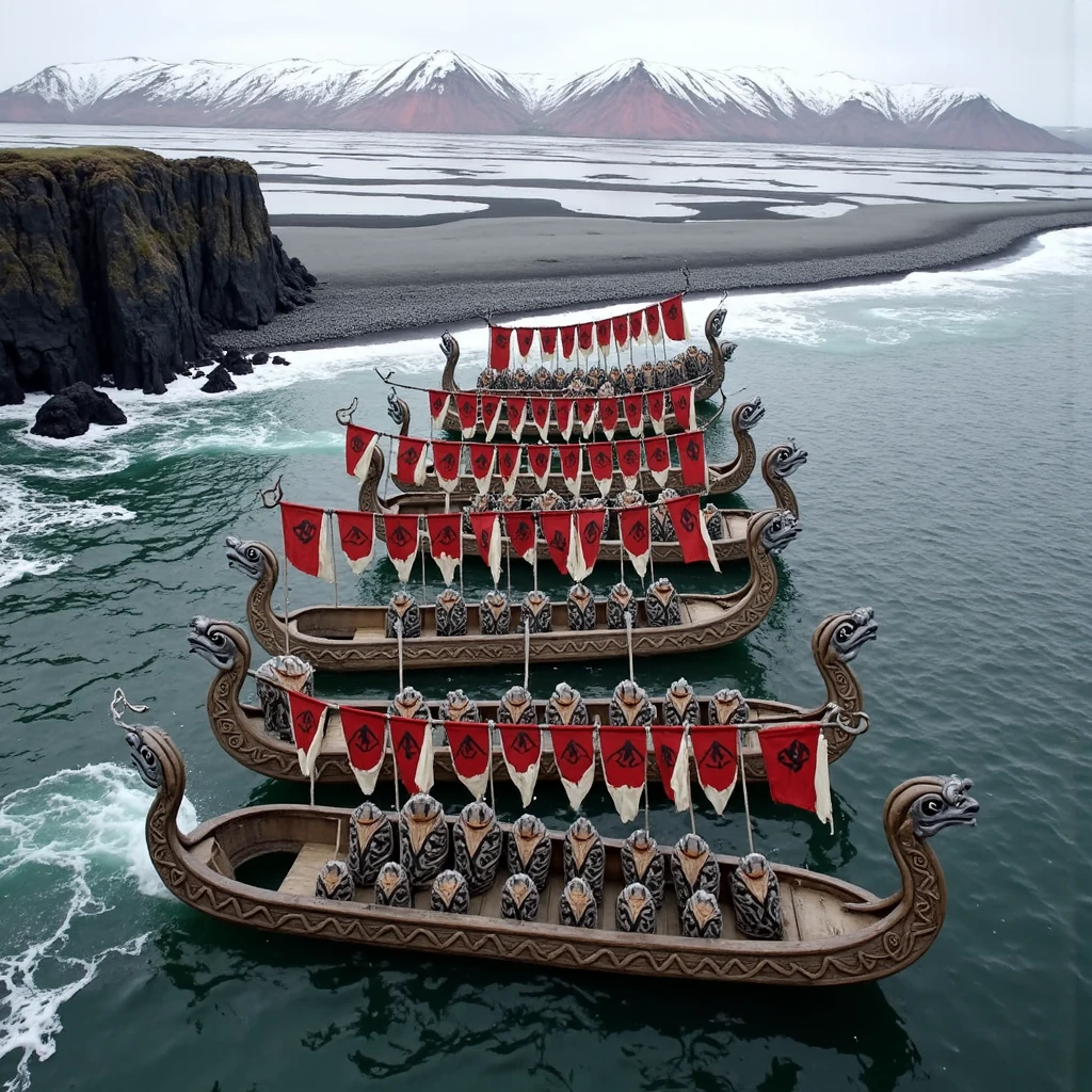 A cinematic wide shot captures a fleet of Viking longships slicing through the misty North Atlantic, their sleek, oak-hewn hulls glistening with briny sheen, etched with swirling, serpentine carvings like ancient runes. Crimson and white square sails, frayed at the edges, snap taut in the frigid wind, emblazoned with faded black raven motifs, billowing dramatically against a vast, overcast sky. Along the gunwales, round wooden shields—scarred from battle—dangle in rows, painted with snarling wolves and soaring birds in ochre, charcoal, and blood-red hues, rattling faintly in the breeze. The dragon-headed prows, intricately carved with bared fangs and hollow, staring eyes, loom majestically above the frothy surf, their weathered wood streaked with salt crust. Iceland’s jagged shoreline sprawls across the frame—black volcanic cliffs rise sheer from the sea, their bases fringed with gray, pebbled beaches littered with glistening kelp, stretching into the distance. Beyond, a treeless expanse of ashen tundra unfurls under a brooding, slate-gray sky, its surface pocked with bubbling geothermal pools that shimmer with iridescent steam, curling upward in ghostly tendrils. Sharp, snow-dusted peaks pierce the horizon, their craggy faces glowing faintly pink in the weak, slanted light of a low-hanging sun veiled by thick clouds. The water churns a deep, glassy green, flecked with whitecaps, mirroring the ships’ dark silhouettes. Stout Vikings stand poised—broad shoulders draped in coarse wool tunics dyed earthy greens and browns, layered with matted seal and bear furs—gripping oars beneath plain iron helmets. As the keels grind into the shore, their heavy boots sink into the wet, gritty earth, framed by the sweeping vista of this untouched land.
