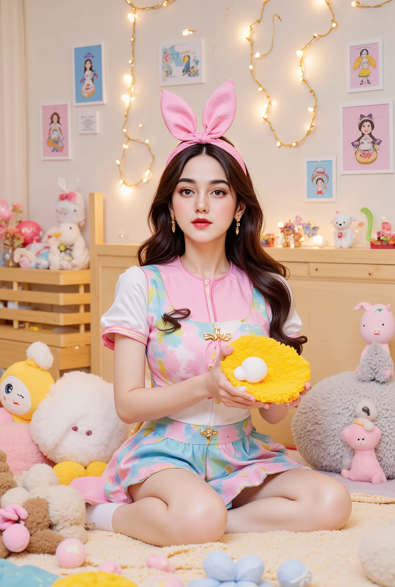 A lovely 1.58m Asian girl dressed as a kawaii idol from her favorite anime. She wears a colorful schoolgirl uniform with a bow in her hair, paired with knee-high socks and a pair of sneakers. She sits on her bed in her anime-themed bedroom, surrounded by plushies, figurines, and posters of her favorite characters. The room is softly lit with string lights, creating a cozy atmosphere.
