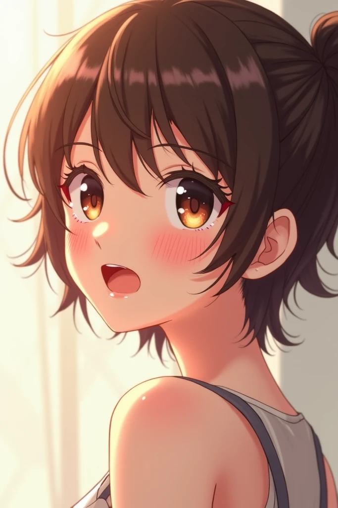 An anime girl with short brown hair with two red streaks on the sides, dark green eyes, blushing and a little angry in underwear covering her breasts with her hand without a bra. Her body is flat but a little chubby.