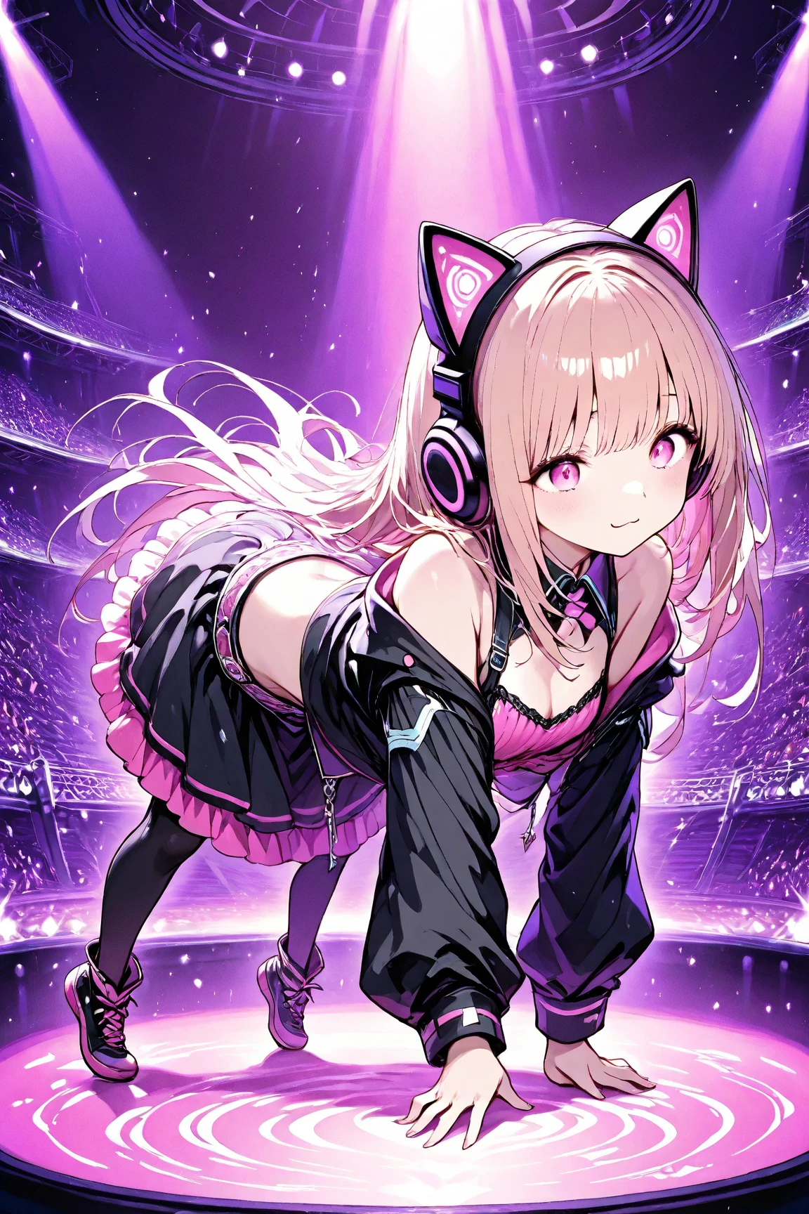 Light brown hair with neon pink tips and shades, royal blue eyes, small breasts, black school girl shirt with neon pink bow and white necklace with a Royal Blue orb, a black jacket with a white hood and pockets, black skirt almost reaching her knees with the ends of the skirt being white and having white lines going up, cat socks reaching over her knees with the eyes, inner part of the ears and mouth being neon red and rest black, lastly black boots with neon yellow lines and a small neon yellow star on each side of the boots, anime