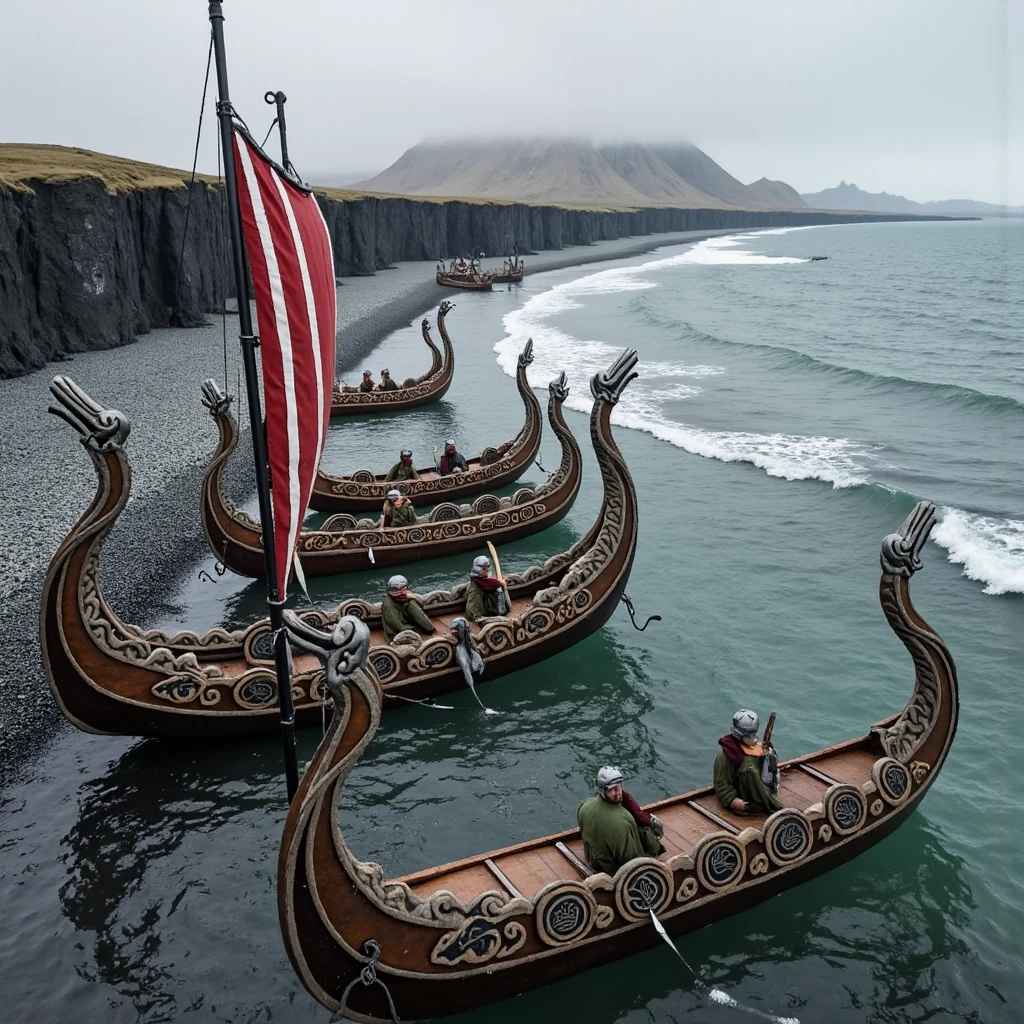 A cinematic wide shot captures a fleet of Viking longships slicing through the misty North Atlantic, their sleek, oak-hewn hulls glistening with briny sheen, etched with swirling, serpentine carvings like ancient runes. Crimson and white square sails, frayed at the edges, snap taut in the frigid wind, emblazoned with faded black raven motifs, billowing dramatically against a vast, overcast sky. Along the gunwales, round wooden shields—scarred from battle—dangle in rows, painted with snarling wolves and soaring birds in ochre, charcoal, and blood-red hues, rattling faintly in the breeze. The dragon-headed prows, intricately carved with bared fangs and hollow, staring eyes, loom majestically above the frothy surf, their weathered wood streaked with salt crust. Iceland’s jagged shoreline sprawls across the frame—black volcanic cliffs rise sheer from the sea, their bases fringed with gray, pebbled beaches littered with glistening kelp, stretching into the distance. Beyond, a treeless expanse of ashen tundra unfurls under a brooding, slate-gray sky, its surface pocked with bubbling geothermal pools that shimmer with iridescent steam, curling upward in ghostly tendrils. Sharp, snow-dusted peaks pierce the horizon, their craggy faces glowing faintly pink in the weak, slanted light of a low-hanging sun veiled by thick clouds. The water churns a deep, glassy green, flecked with whitecaps, mirroring the ships’ dark silhouettes. Stout Vikings stand poised—broad shoulders draped in coarse wool tunics dyed earthy greens and browns, layered with matted seal and bear furs—gripping oars beneath plain iron helmets. As the keels grind into the shore, their heavy boots sink into the wet, gritty earth, framed by the sweeping vista of this untouched land.