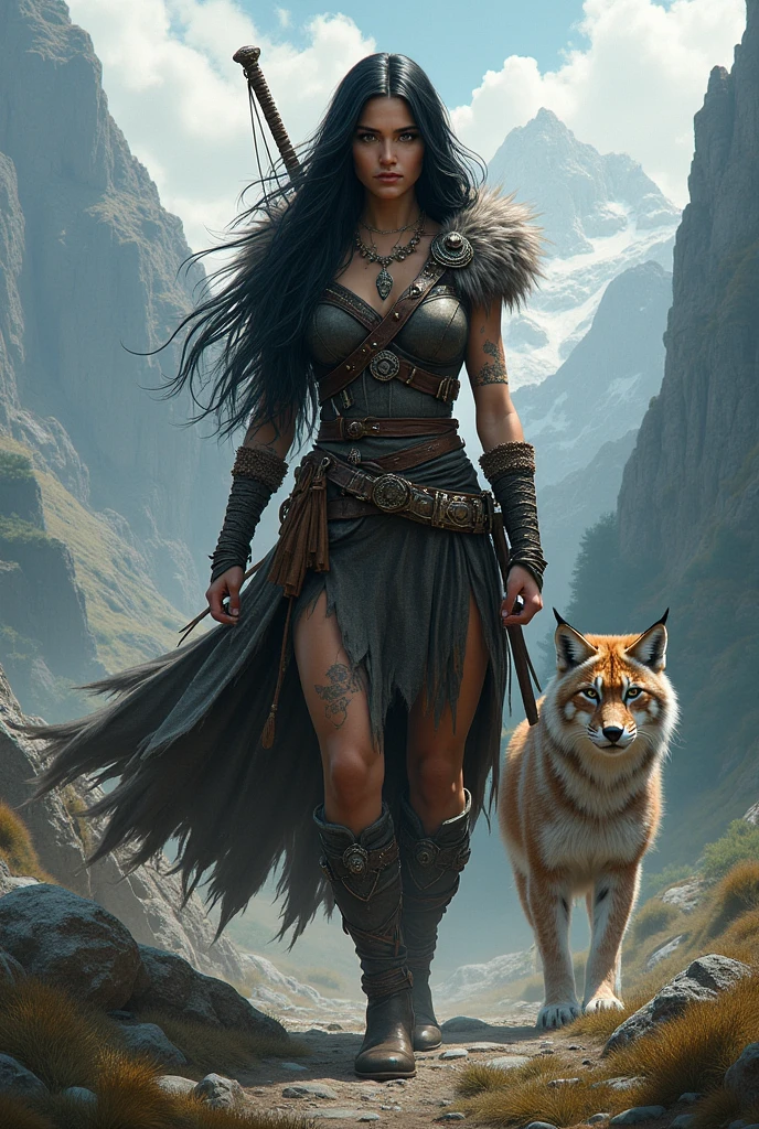 old warrior woman and her wolf, mystic, floral borders, jungles, photorealistic , detailed --auto