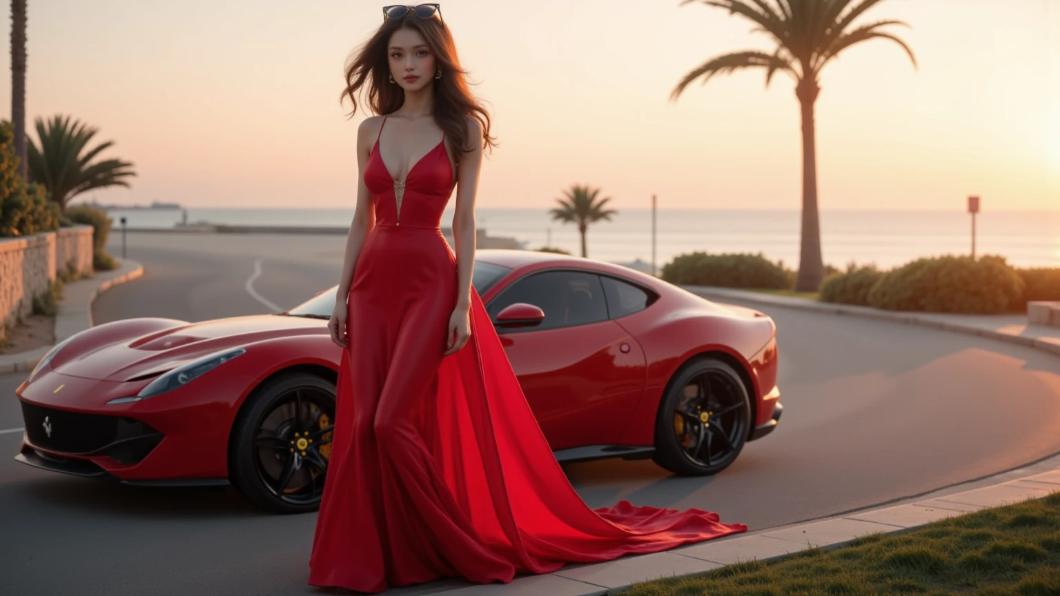 a picture of a female model wearing an evening dress standing near a red sports car, glamorous model woman, extremely beautiful face, ultra feminine, detailed face, exquisite beautiful face, black hair, long hair, wavy hair, beautiful green eyes, she wears a ((yellow evening dress: 1.5)), elegant, intricate detailed dress, silk dress, small cleavage, she wears elegant knee high heeled boots, exquisite knee high heeled boots, standing near a ((red sports car: 1.5)), in a cyberpunk street an night background, moon, stars, lamp light, (Masterpiece: 1.5), 16k, highres, best quality, high details, ultra detailed, masterpiece, best quality, (extremely detailed), LU, drkfntasy
