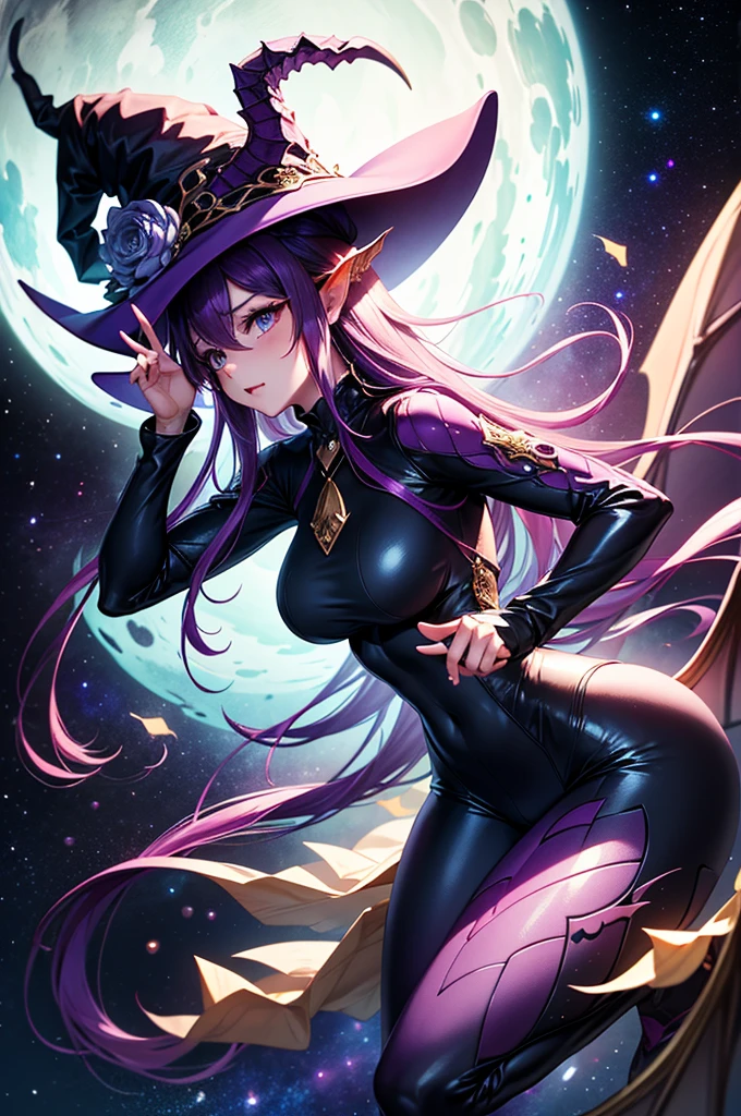 Mona MEGISTUS, Mona, Blue Eyes, Hair between Eyes, Twin Tail, VERY Long Hair, Purple Hair, I have (Small Chest: 1.2), Witch,
Break BLACK Bodysuit, BLACK Gloves, Blue Sleeve, Bodysuit, Black Pantyhose, Caplett, Covered Navel, Removable Sleeves, Gloves, High Heels, Leotard, Long Hair , Long sleeves, multicolored sleeves, PURPLE