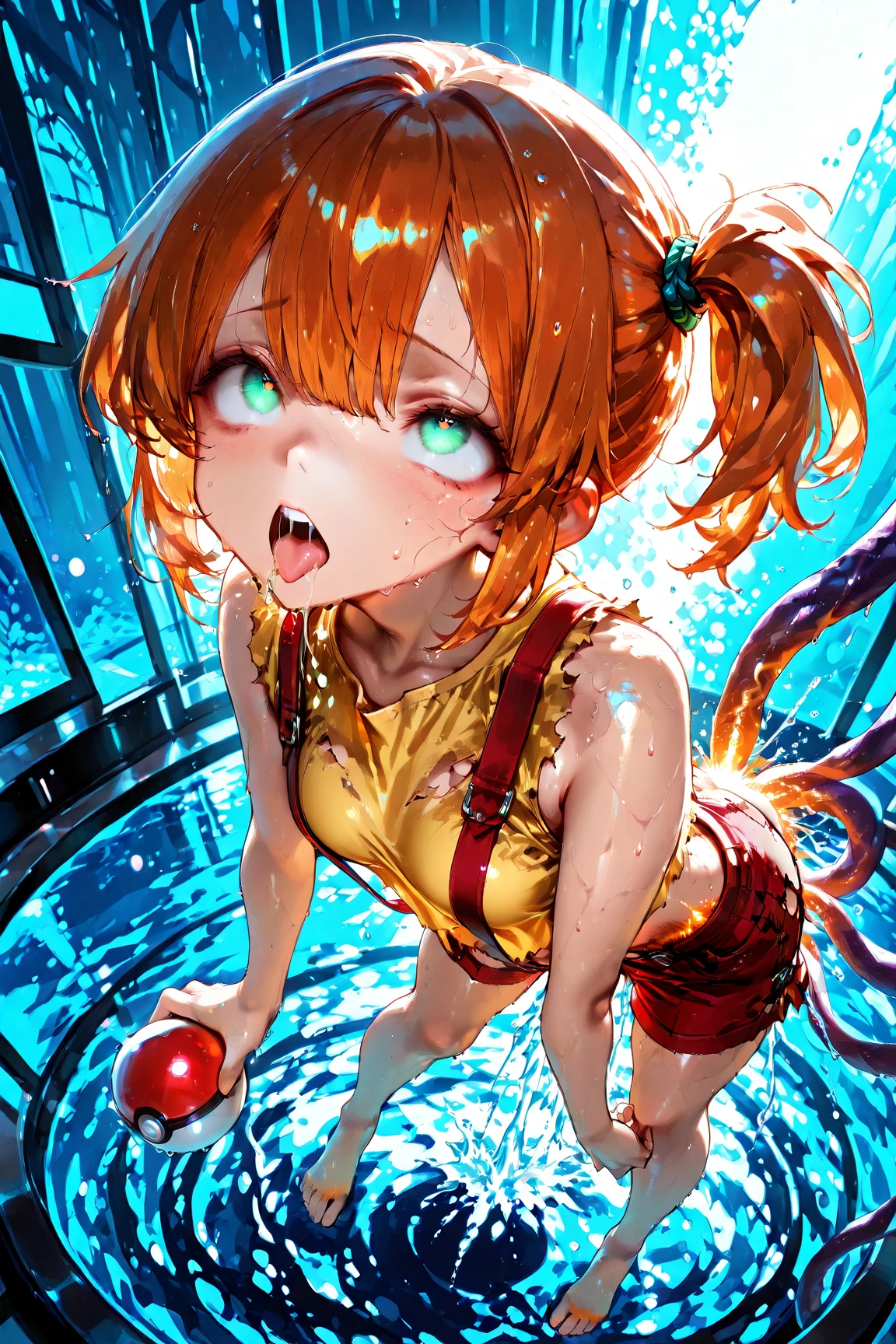 (masutepiece, Best Quality, Detailed), 1girl in, Solo, Indoors, dress room, 双臂在头后, Souryu Asuka Langley, Interface headset, fullnude、Ahegao、A large amount of love juice flows out、Squirting、