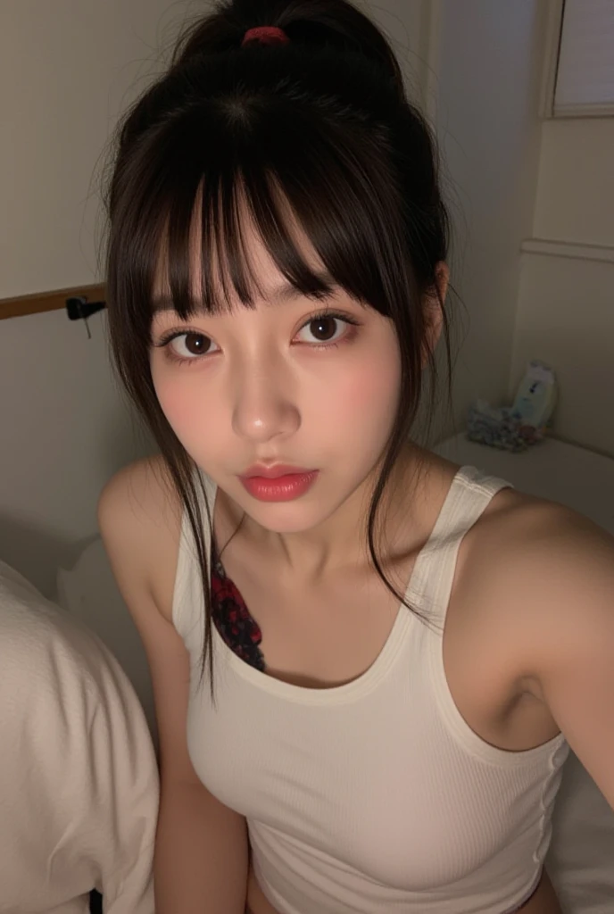 ((highest quality, 8k, Tabletop: 1.3, RAW Photos)), Sharp focus: 1.2, (1. AESPA Girl :1.1), alone, (Realistic, Realistic: 1.37), (Face Focus: 1.1), Cute face, Ultra detailed face, Short, unkempt hair, (Updo: 1.2), Small breasts, Flat Chest, (A neat silk camisole), Hotel Bedroom, (Lying face up on the bed: 1.3), Cinema Lighting, thigh