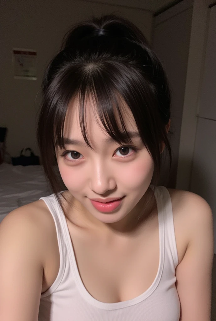 8K, masutepiece, Beautiful Model Girl, 38 years, (((adorable girl))), skinny, thin waist, (flat-chest), heart shape face, ((smile showing teeth)), Big eyes, eye make up, eye line, ((Swimsuit)), (((light braided hair))), (hair ponytail),, Cute angular face, very excited, Thin body, skinny body, Small chest, , relaxed on bed, laying on stomach, , Playful, Big smile, ((Small chest)), Full body, (((Top-down camera angle of a girl looking up at the camera))),