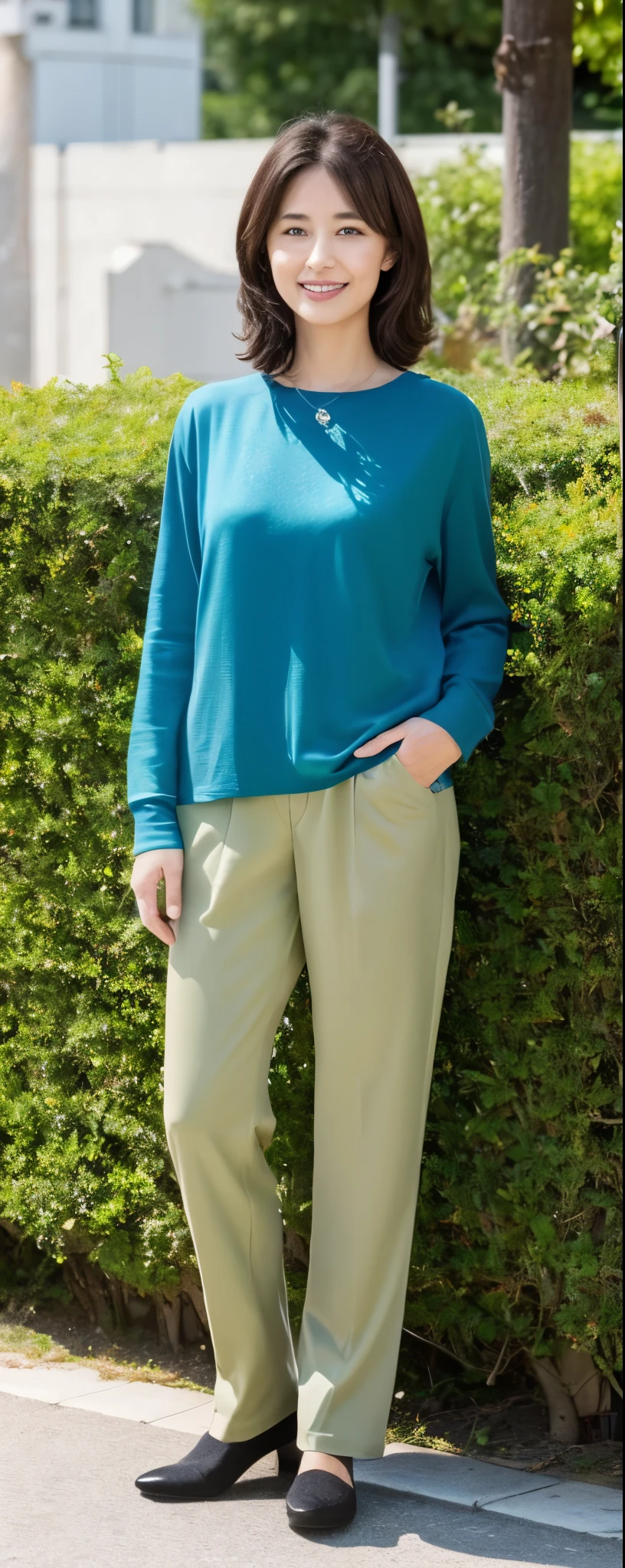 70 year old woman. Elegant with turquoise knitted blouse, black slimfit pants and brown ballet flats 