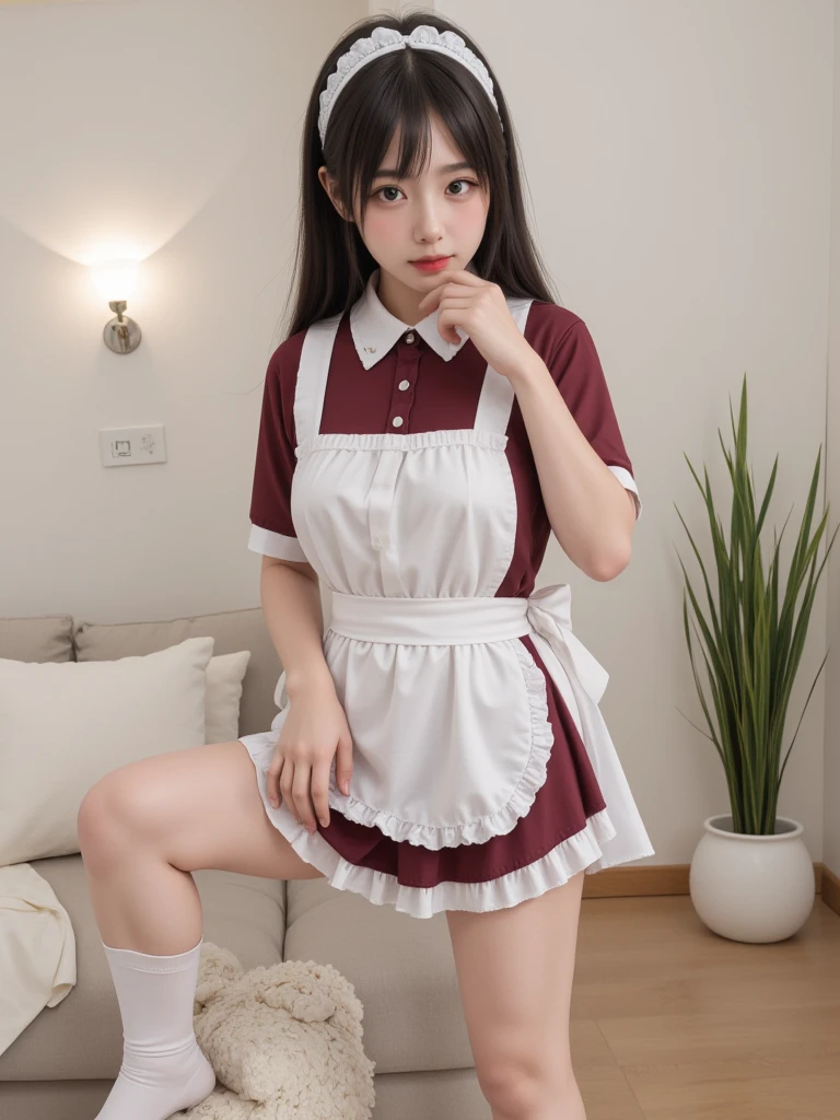 score_9, score_8_up, score_7_up,  1girl (medium full shot) of (supermodel young woman:1.1) maid korean with black hime cut hair, dark brown eyes, pale skin, curvy, wearing a modest and practical red pastel (maid uniform:1.2), blouse and skirt, (stockings:1.1), maid head kerchief, flexing, leaning back against a wall,  unhappy, shocker (gesture), in  Futuristic Oasis, in a cutting-edge smart home with sleek touch-panel controls, LED-lit mirrors, a high-tech bidet toilet, programmable mood lighting, a glass-enclosed steam shower, and integrated sound system for an ultra-modern bathing experience, Masterpiece,best quality, photorealistic, amazing quality, very aesthetic, extremely detailed face