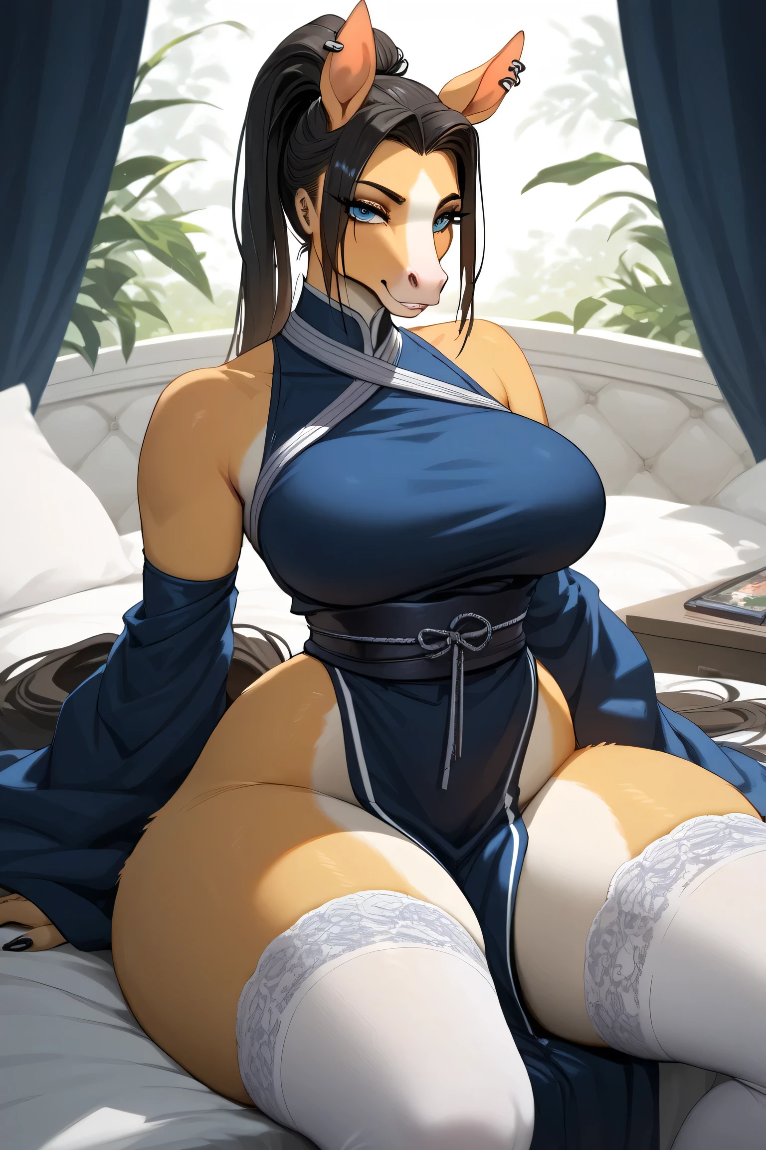 score_9, score_8_superior, score_7_superior, Kasumi from Dead or Alive, Black Ninja Crotch, Blue scarf, Mature Woman, Long ponytail,Big nipples、Feeling in the vagina, Bare nipples、Thick pubic hair,Big breasts, Creampie,Peeing,